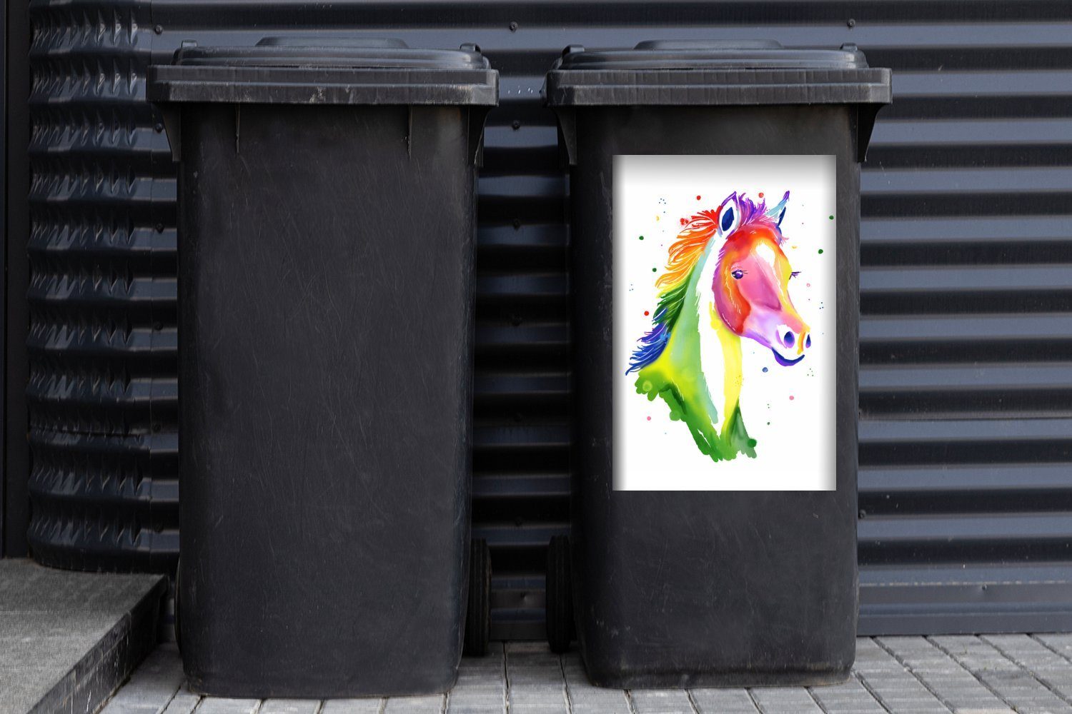 Sticker, Mülleimer-aufkleber, Pferd Abfalbehälter MuchoWow - (1 - Mädchen - Regenbogen - St), Mädchen Kinder Container, Mülltonne, - Weiß Wandsticker