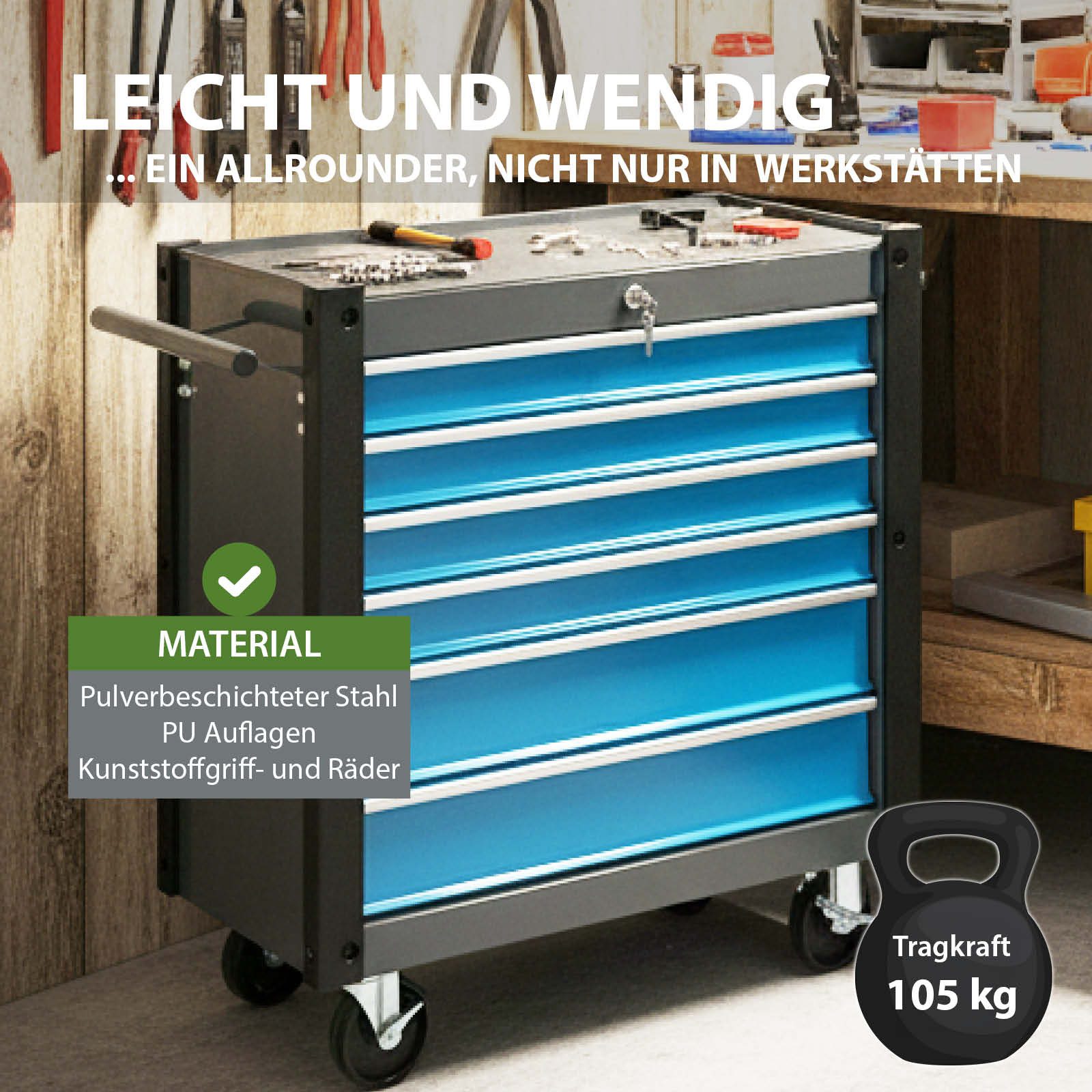 TRUTZHOLM Werkstattwagen "Trutzi" abschließbar 6 Schubladen 78 x 64 cm Rollcontainer blau, Trutzi mit 6 Schubladen, abschließbar