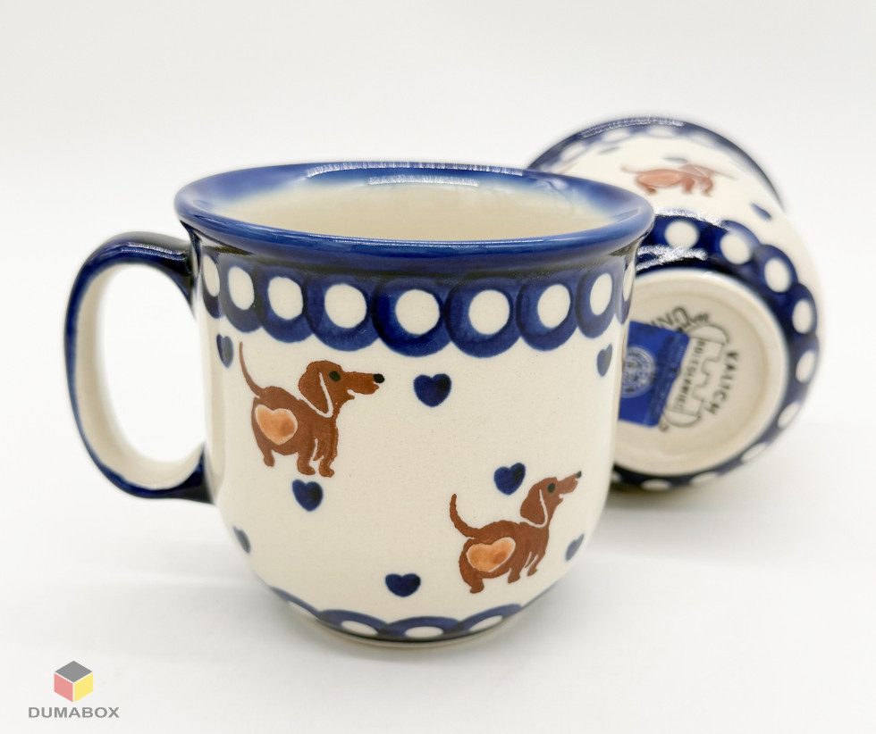 Ceramika Bolesławiecka Kalich Becher Handgefertigte Bunzlauer Keramik Tasse, Becher 300 ml DACHSHUND
