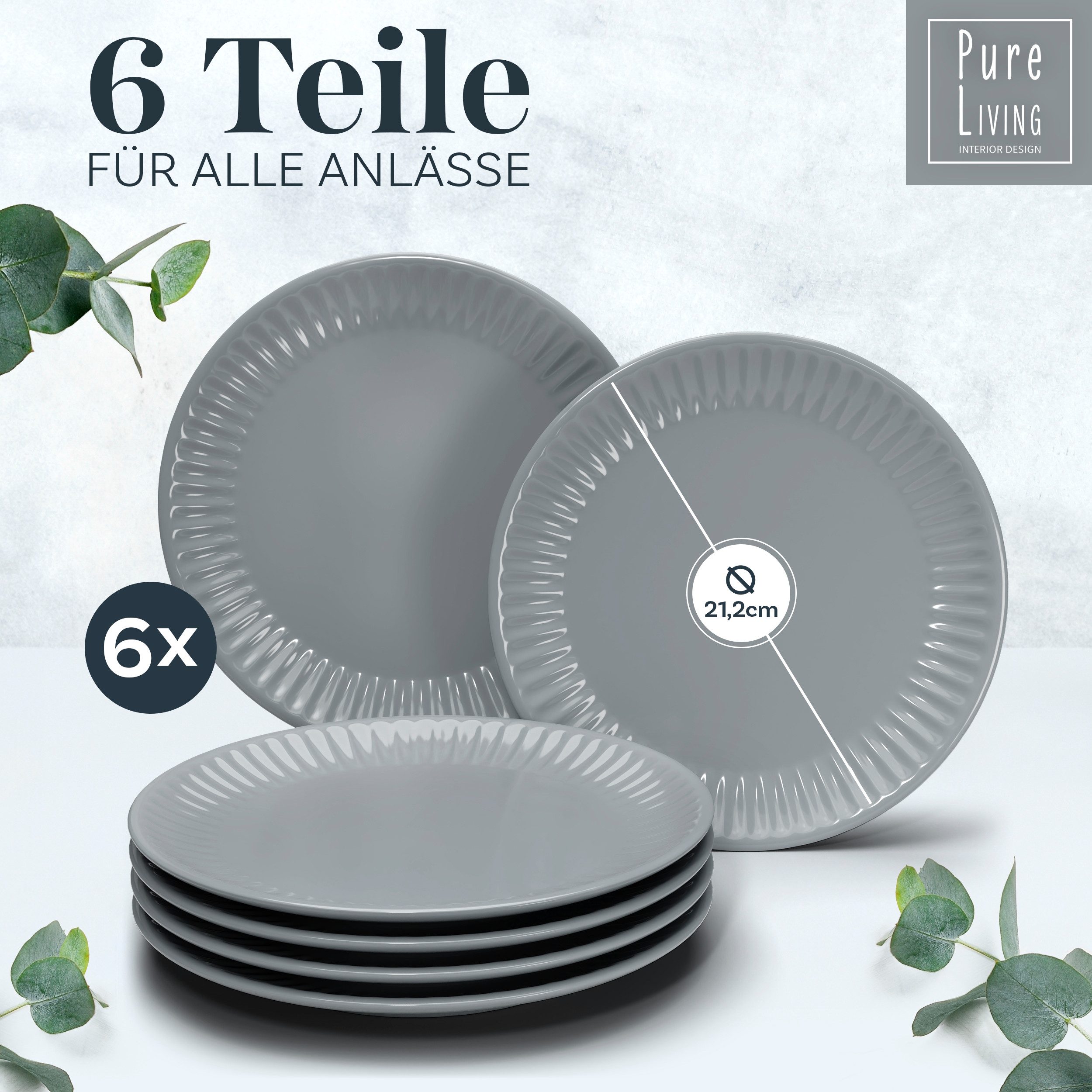 PURE LIVING INTERIOR DESIGN Geschirr-Set Hygge Dessertteller, Frühstückteller, 6er-Set, 20 cm, Graublau (6-tlg), 6 Personen, Steingut – Bild 2 von 5