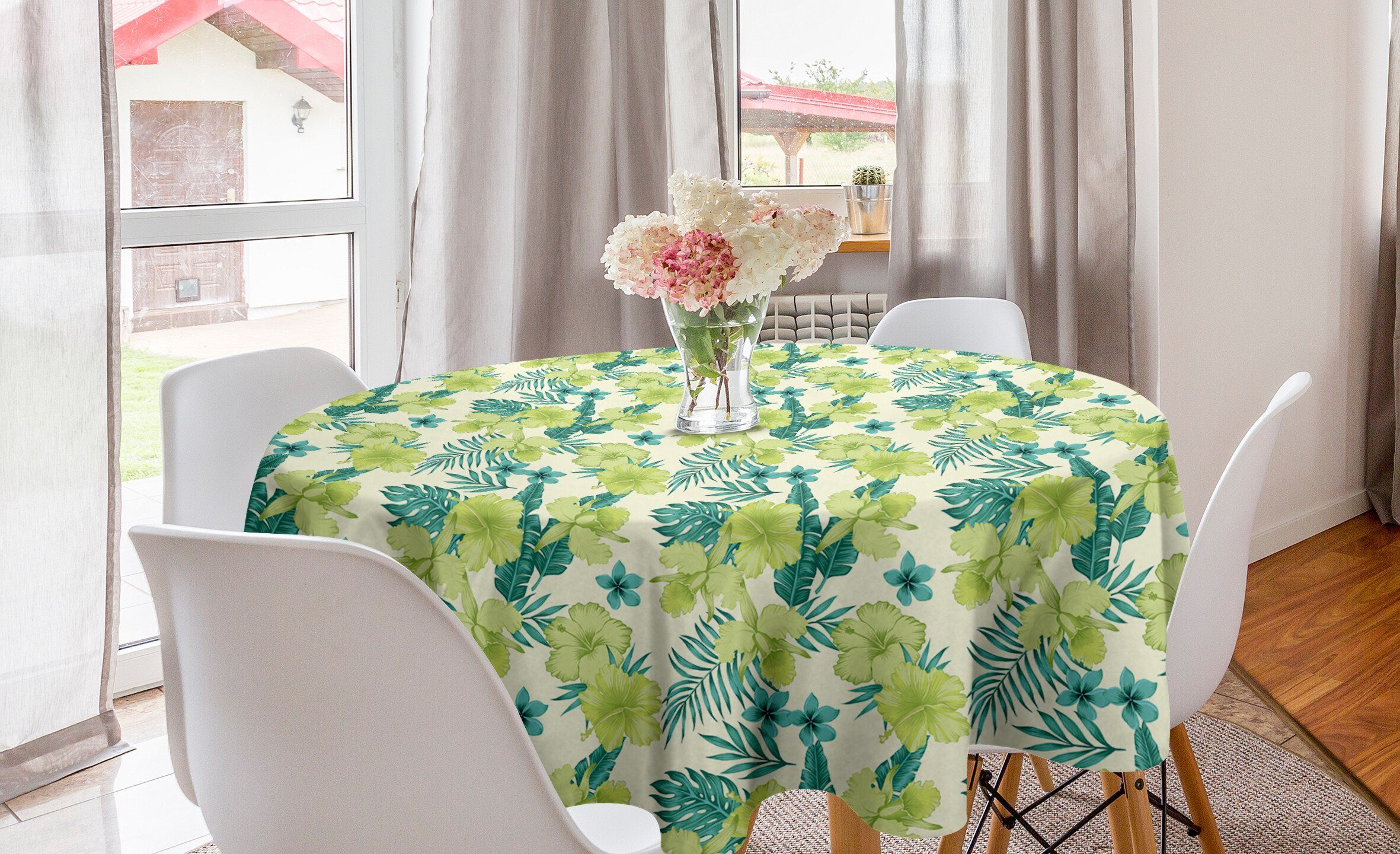 Abakuhaus Tischdecke Kreis Tischdecke Abdeckung für Esszimmer Küche Dekoration, Tropisch Hibiscus und Bananenblättern