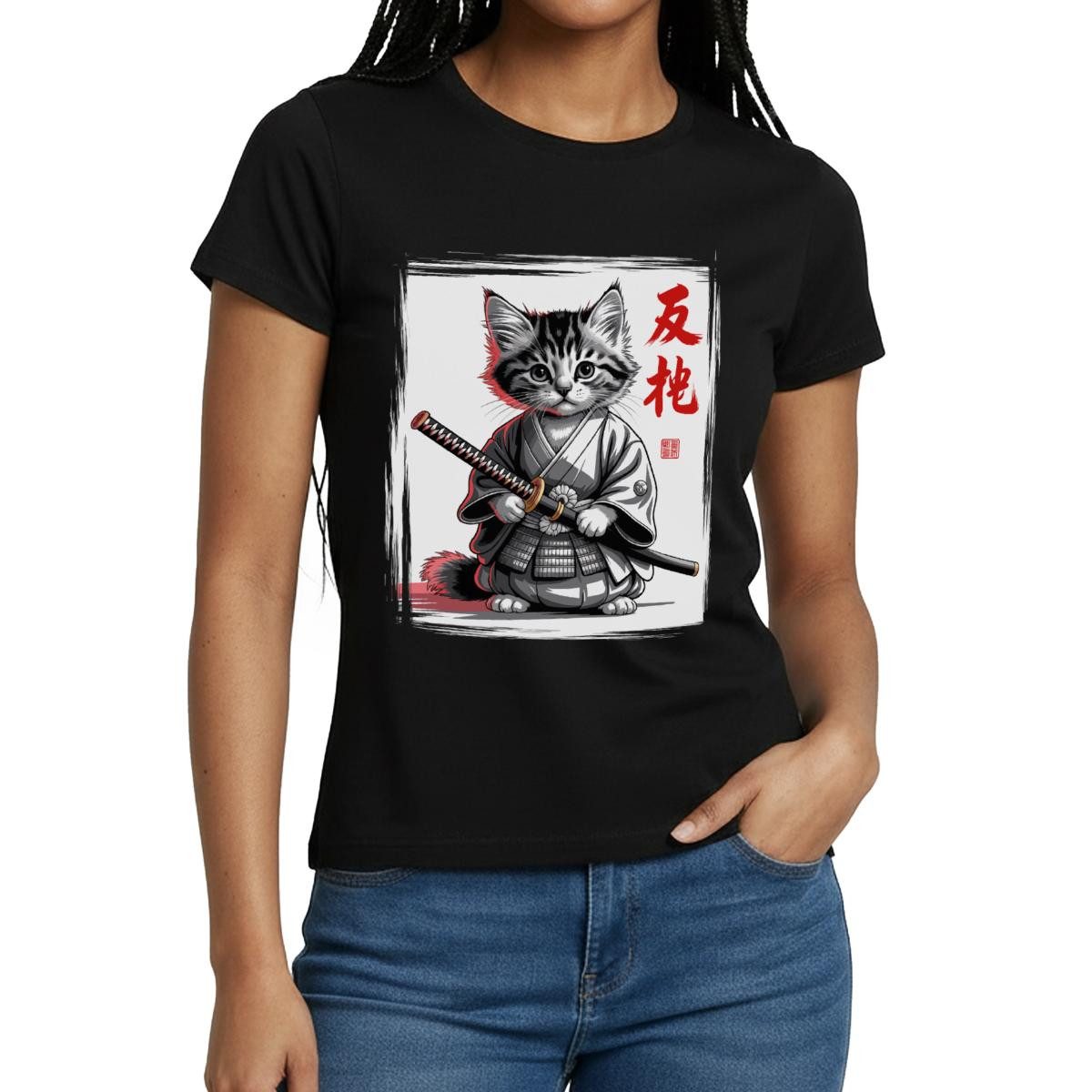 Spreadshirt T-Shirt Samurai Katze, Katze Im Japan-Look Frauen T-Shirt (1-tlg) Slim Fit, fällt klein aus