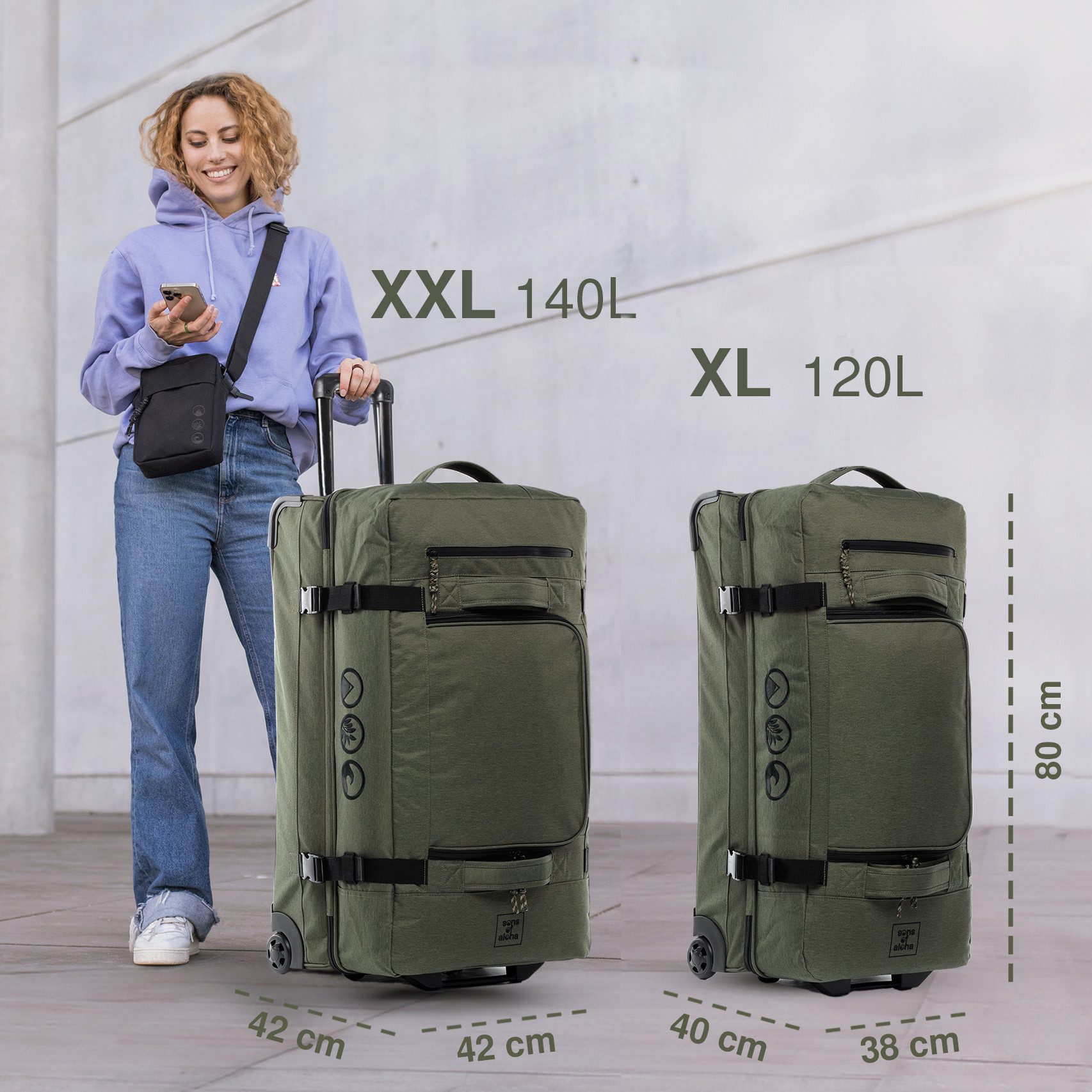 SONS OF ALOHA Reisetasche Reisetasche mit Rollen groß Duffle 80 cm XXL 140L, großer Roll-Koffer mit Trolleyfunktion, Reisetasche mit Rollen 120l