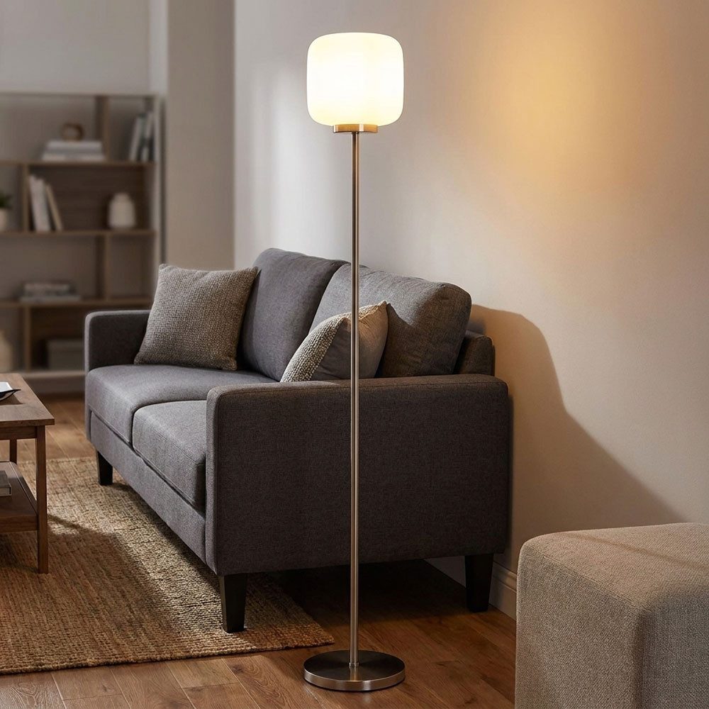 GLOBO LIGHTING LED Stehlampe, Leuchtmittel inklusive, Warmweiß, LED Stehleuchte Metall Glas Silber opal Lampenschirm Fußschalter