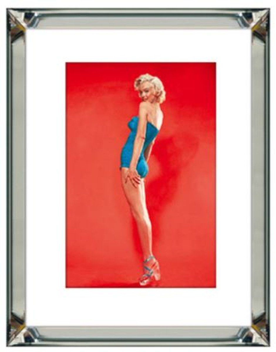 Casa Padrino Bilderrahmen Designer Bild Marilyn Monroe mit verspiegeltem Bilderrahmen Silber / Mehrfarbig 60 x 4,5 x H. 80 cm - Dekoratives Wandbild - Wanddeko - Deko Accessoires