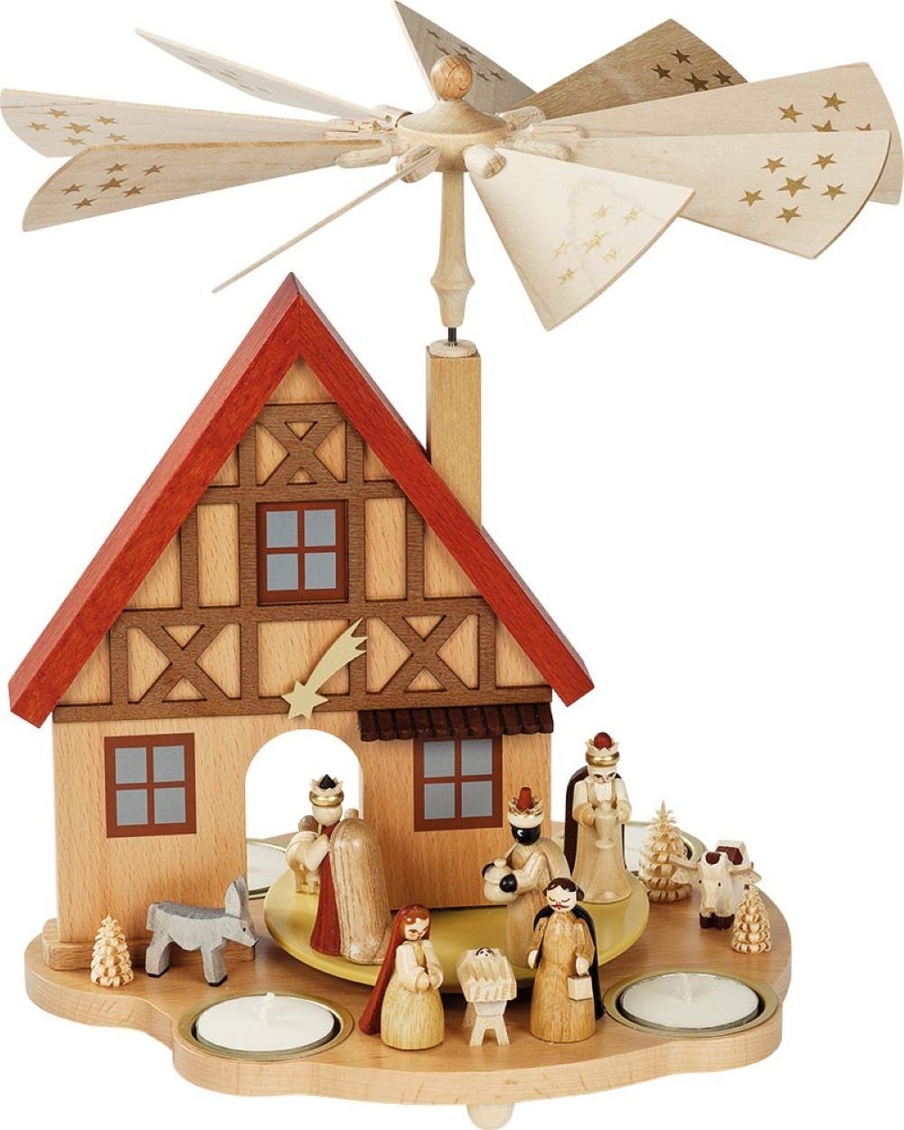 Richard Glaesser Weihnachtspyramide Pyramidenhaus Christi Geburt natur für Teelichte, Höhe: 29 cm, Handwerkskunst aus dem Erzgebirge
