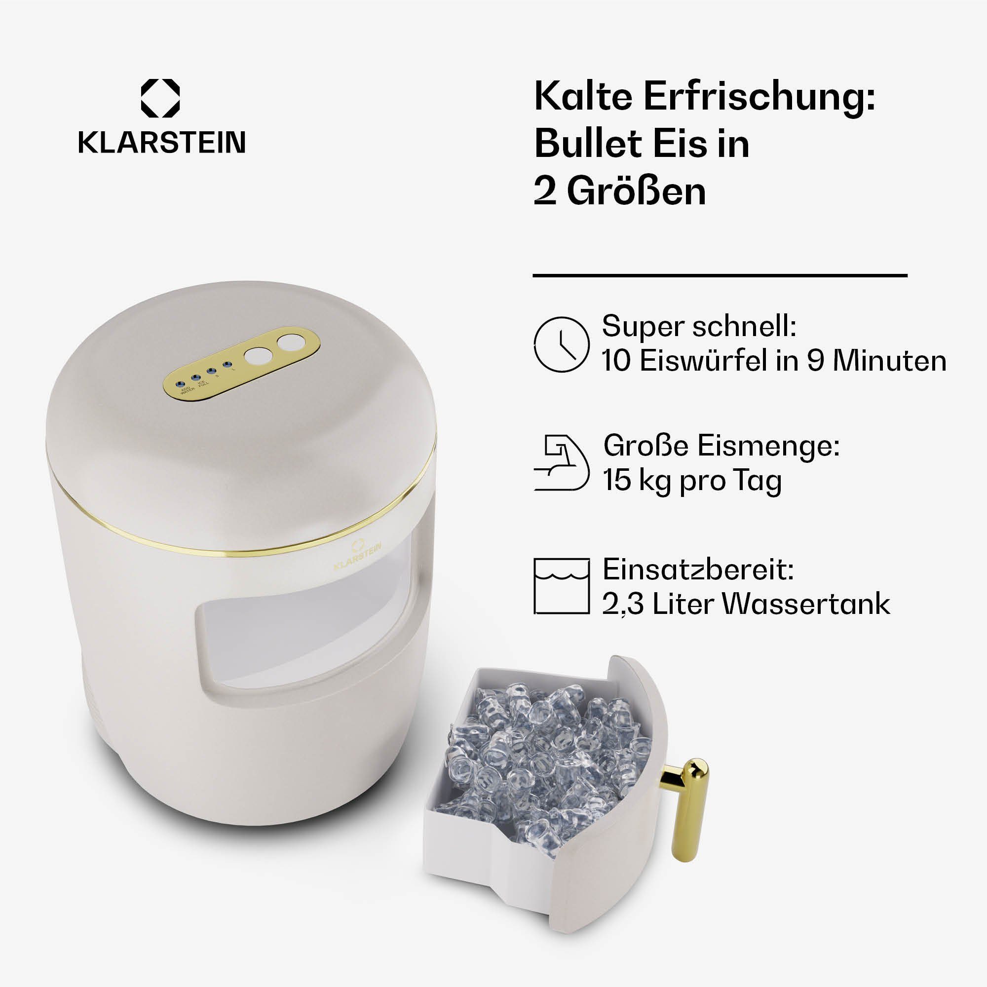 Klarstein Eiswürfelmaschine Passau, Elektrischer Eiswürfelbereiter 15kg/24h Wassertank 2,3 L