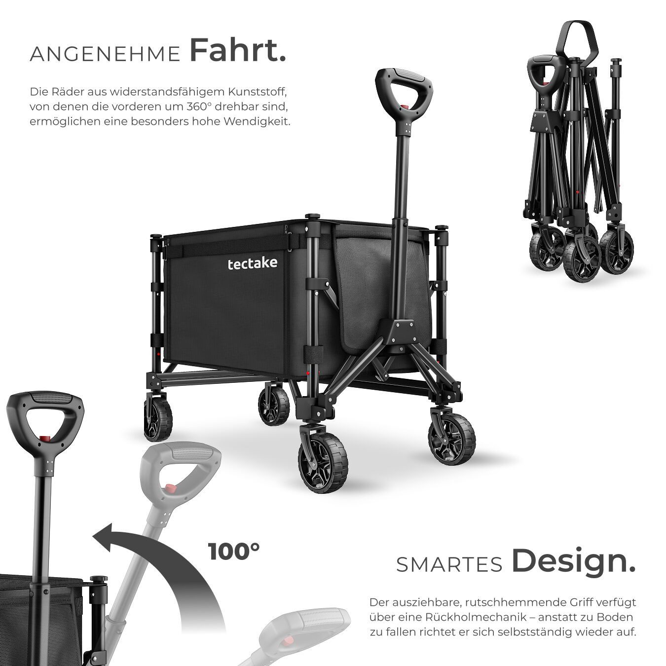 tectake Bollerwagen Handwagen SmartRider faltbar, Profilräder, Teleskopgriff (1 Transportwagen, 1-tlg., 120L Volumen in Schwarz mit abnehmbarer Plane aus Oxford-Gewebe), Inklusive Einlegeboden, Reflektorstreifen, Belastbarkeit 60 kg