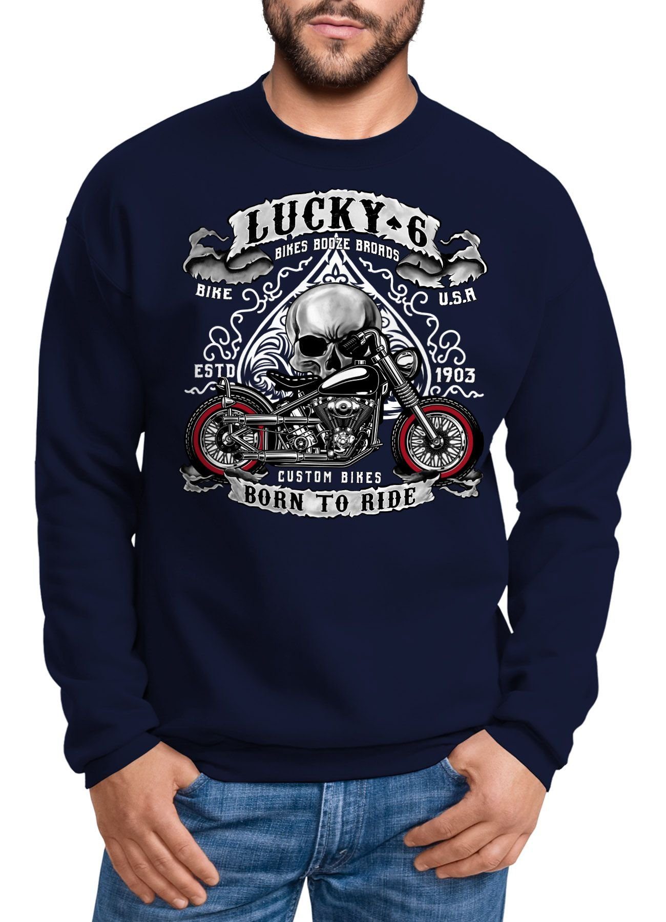 MoonWorks Sweatshirt Sweatshirt Herren Biker Lucky 6 Totenkopf Pik Motorrad Live to Ride Moonworks® navy