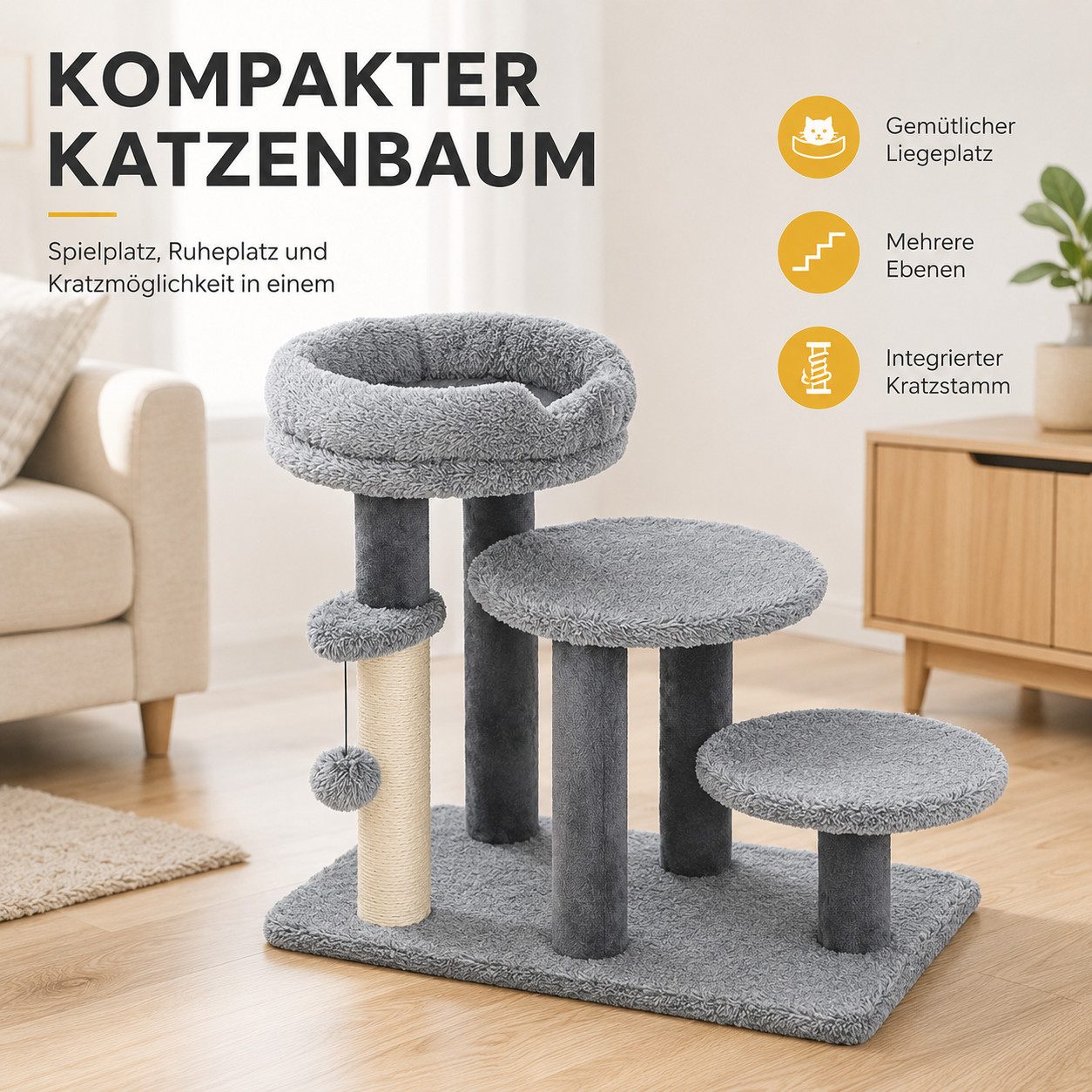 MIBODE Kratzbaum-Liegemulde Kratzbaum mit Katzentreppe, breiter Basis & Sisalkratzsäule, Plüsch, 2-in-1, abnehmbares Katzenbett, Kratzpfosten, Spielball