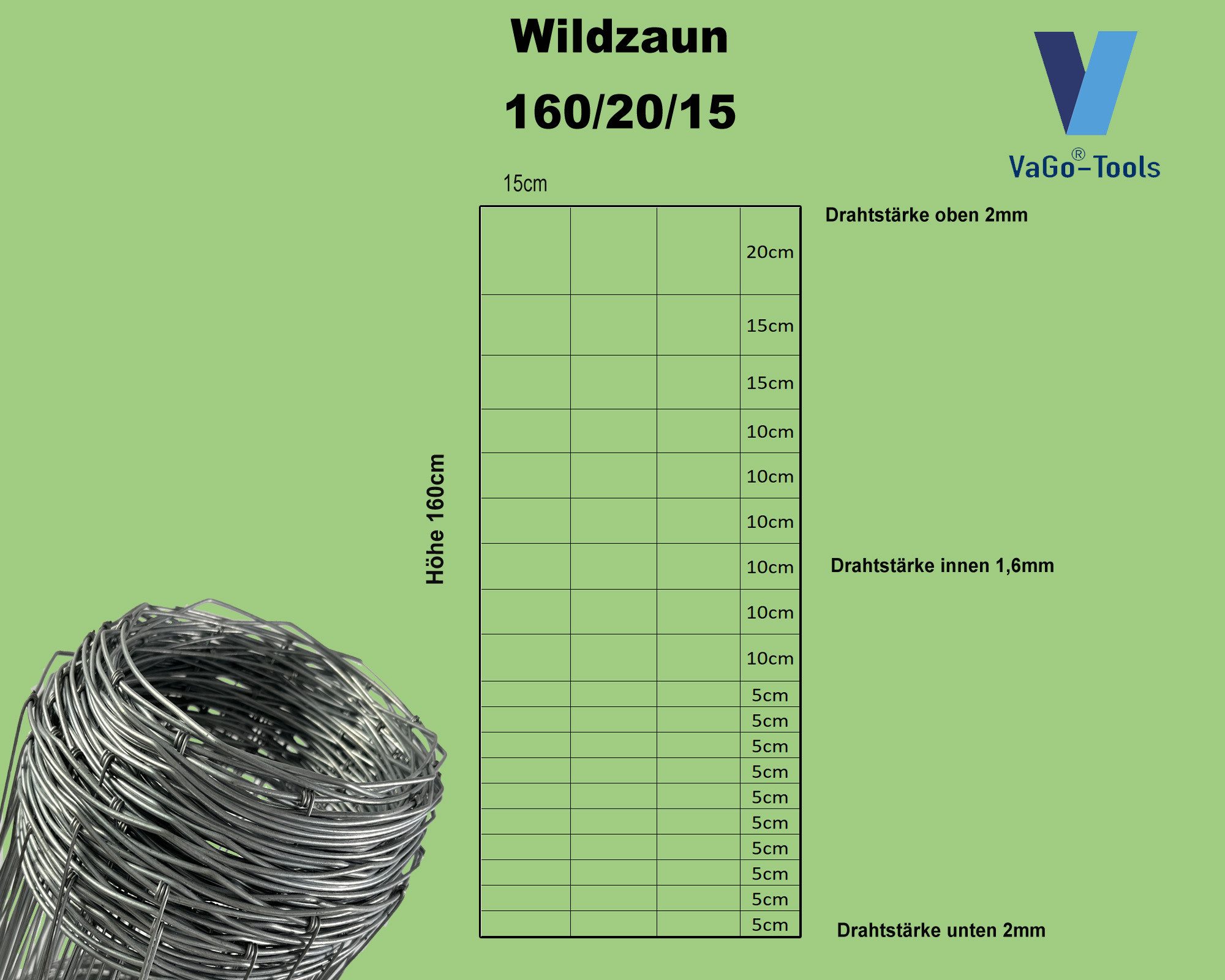 VaGo-Tools Wildzaun Wildzaun Drahtzaun Weidezaun 160/20/15 Zaun 50m