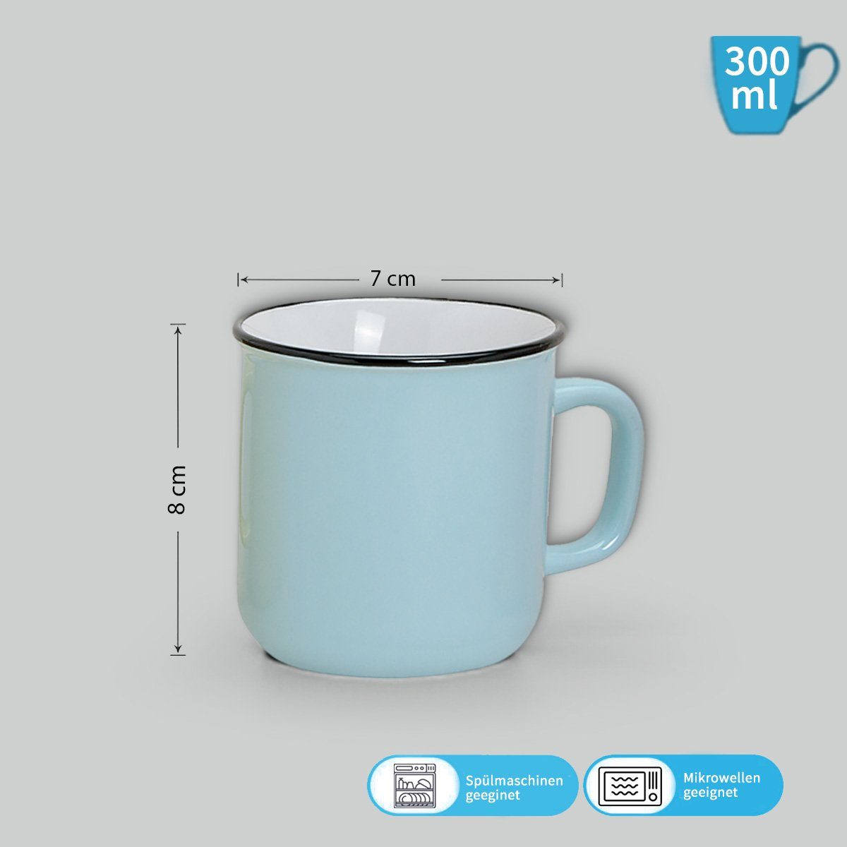 matches21 HOME & HOBBY Tasse Kaffeebecher 6er Set Emaille-Optik einfarbig Pastellfarben, 6-tlg., Keramik, Tee Kaffee-Becher, modern Vintage, rosa gelb blau, 300 ml