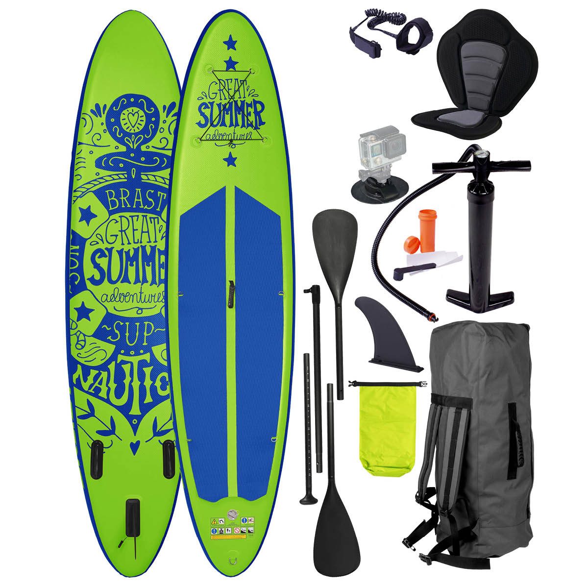 BRAST SUP-Board Summer Aufblasbares Stand up Paddle Set - 320x81x15cm, 5 Jahre Garantie inkl. Sonderzubehör, (2in1 Paddel Kajak-Sitz Action-Cam-Halterung), Fußschlaufe Paddel Pumpe Rucksack