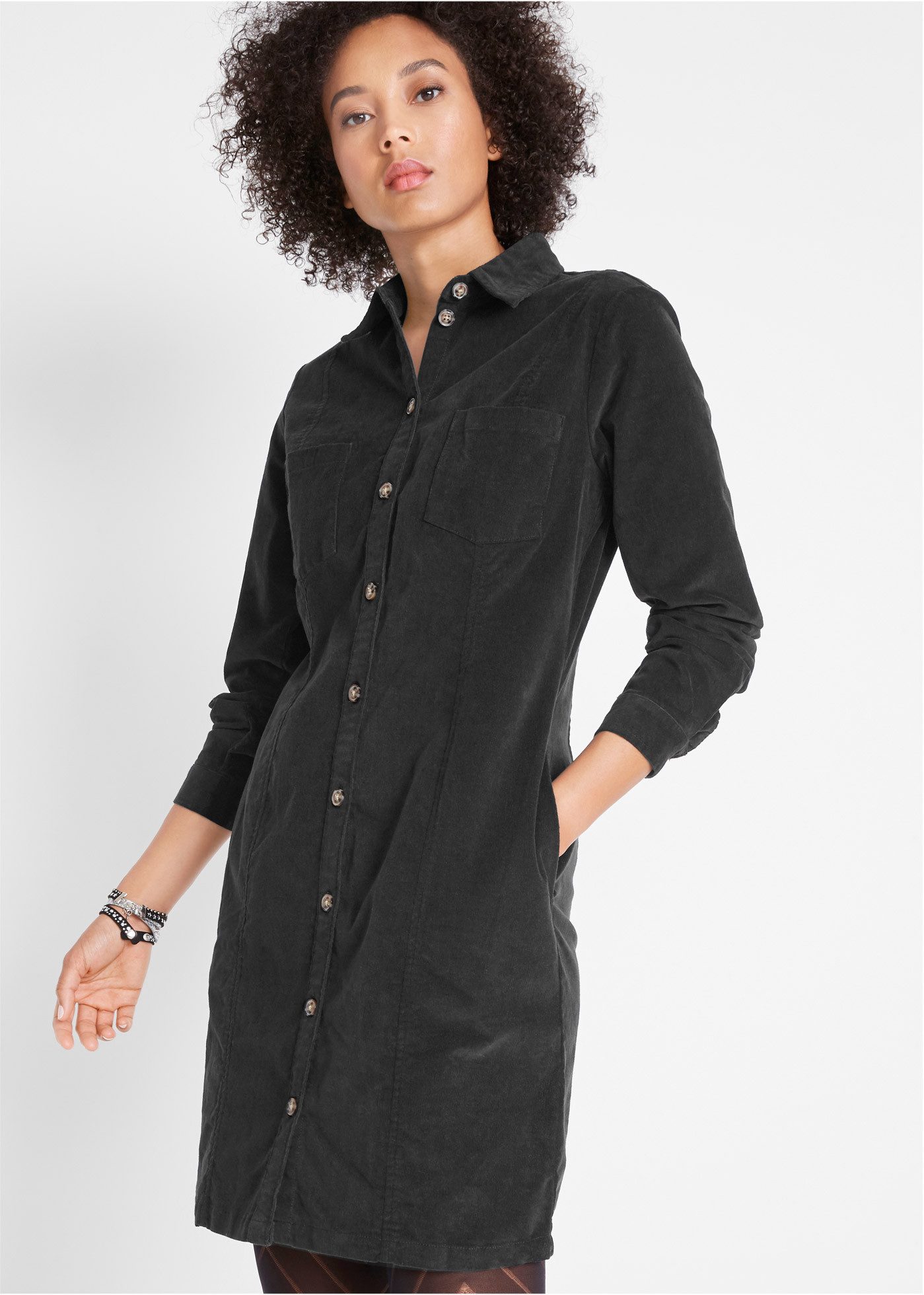 bonprix Hemdblusenkleid für Alltag, aus Baumwolle und Elasthan, mit Knopfleiste