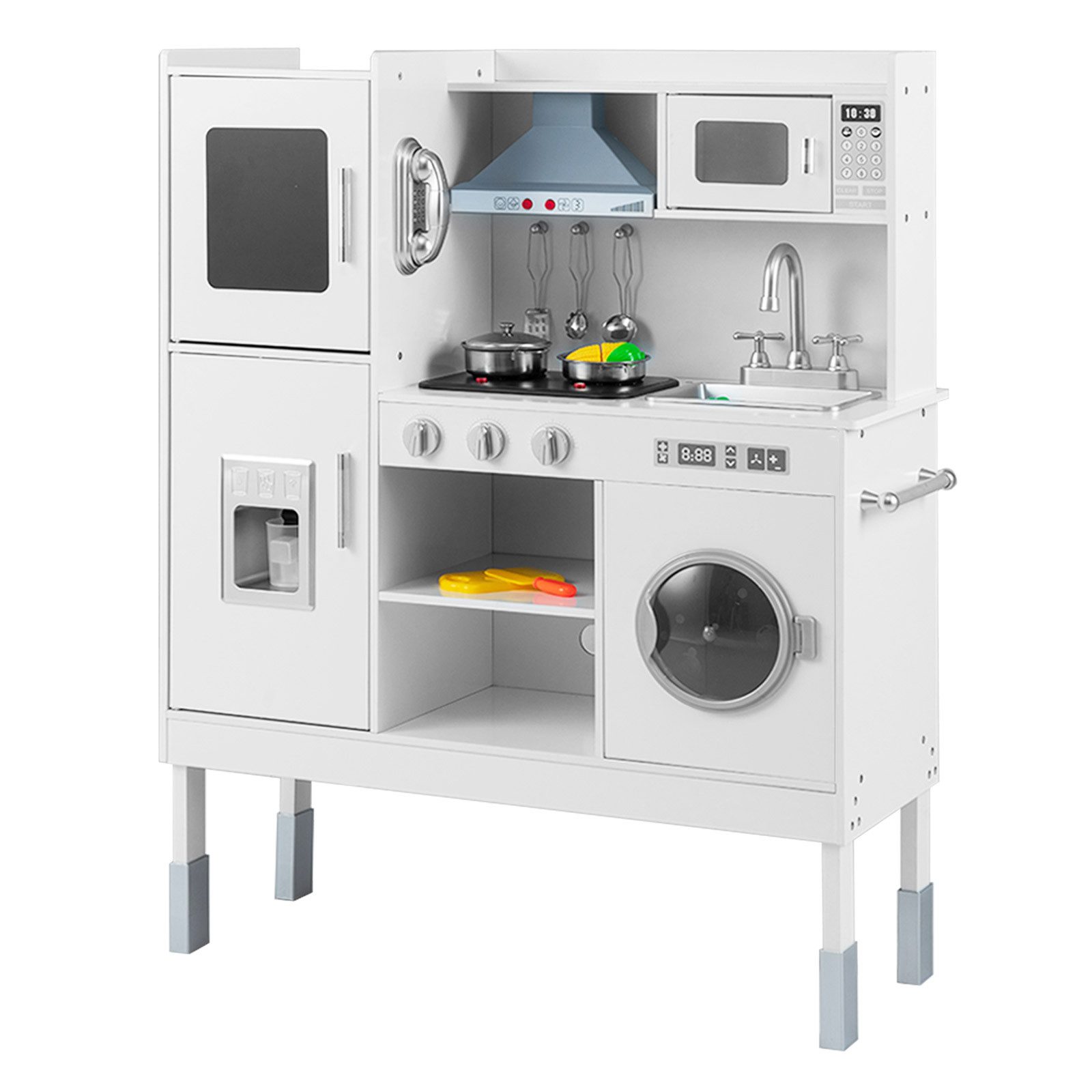 COSTWAY Spielküche Kinderküche Holz, 3-fach höhenverstellbar, mit 16 tlg. Zebehör