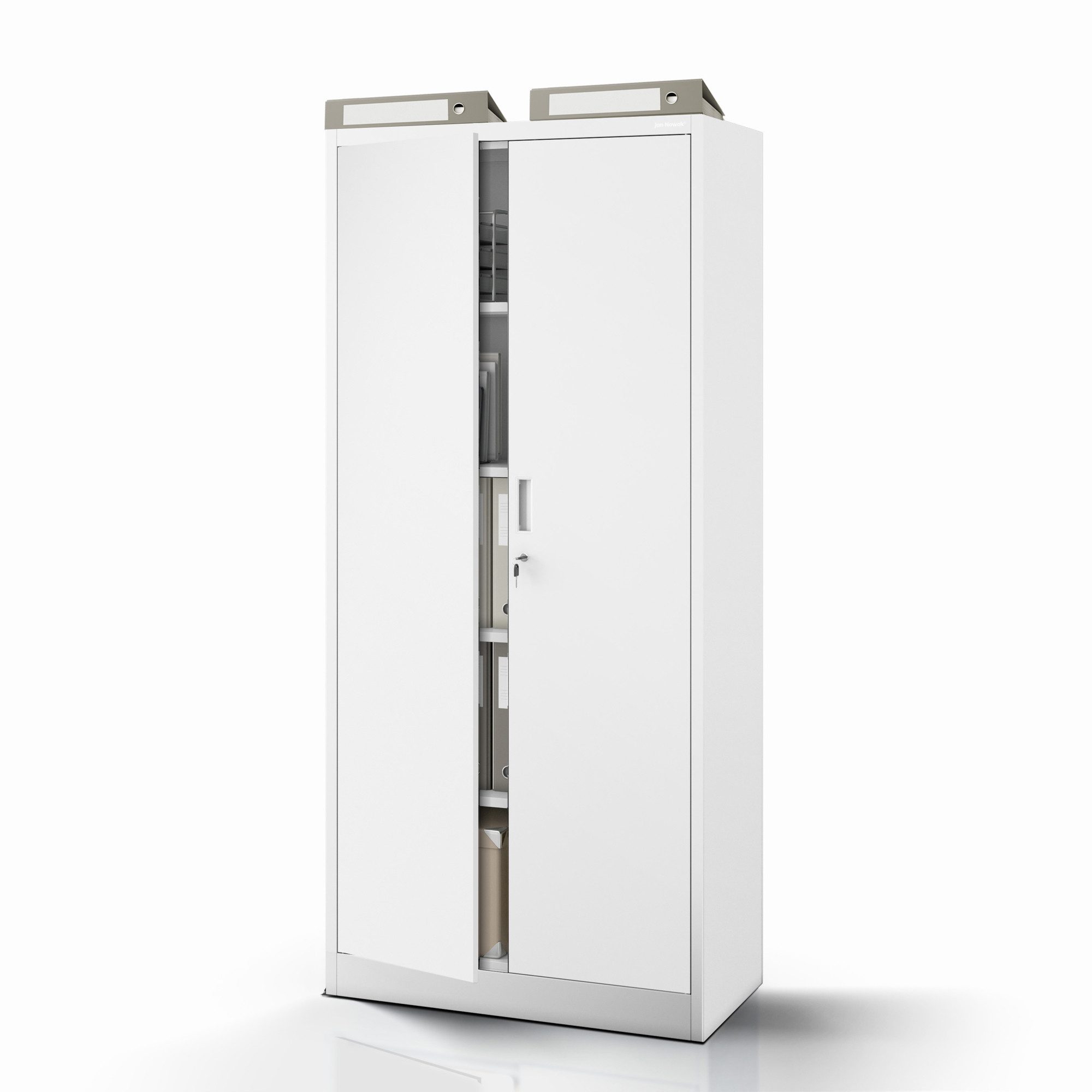 Jan Nowak Aktenschrank Metall Büroschrank abschließbar 80 cm JAN Compact 4 Böden Stahl (Stahl 0,6 mm Wandmontage möglich PZH-zertifiziert kompakt) Ordnerschrank Schloss 2 Schlüssel kompakt Werkstatt 4 Farben