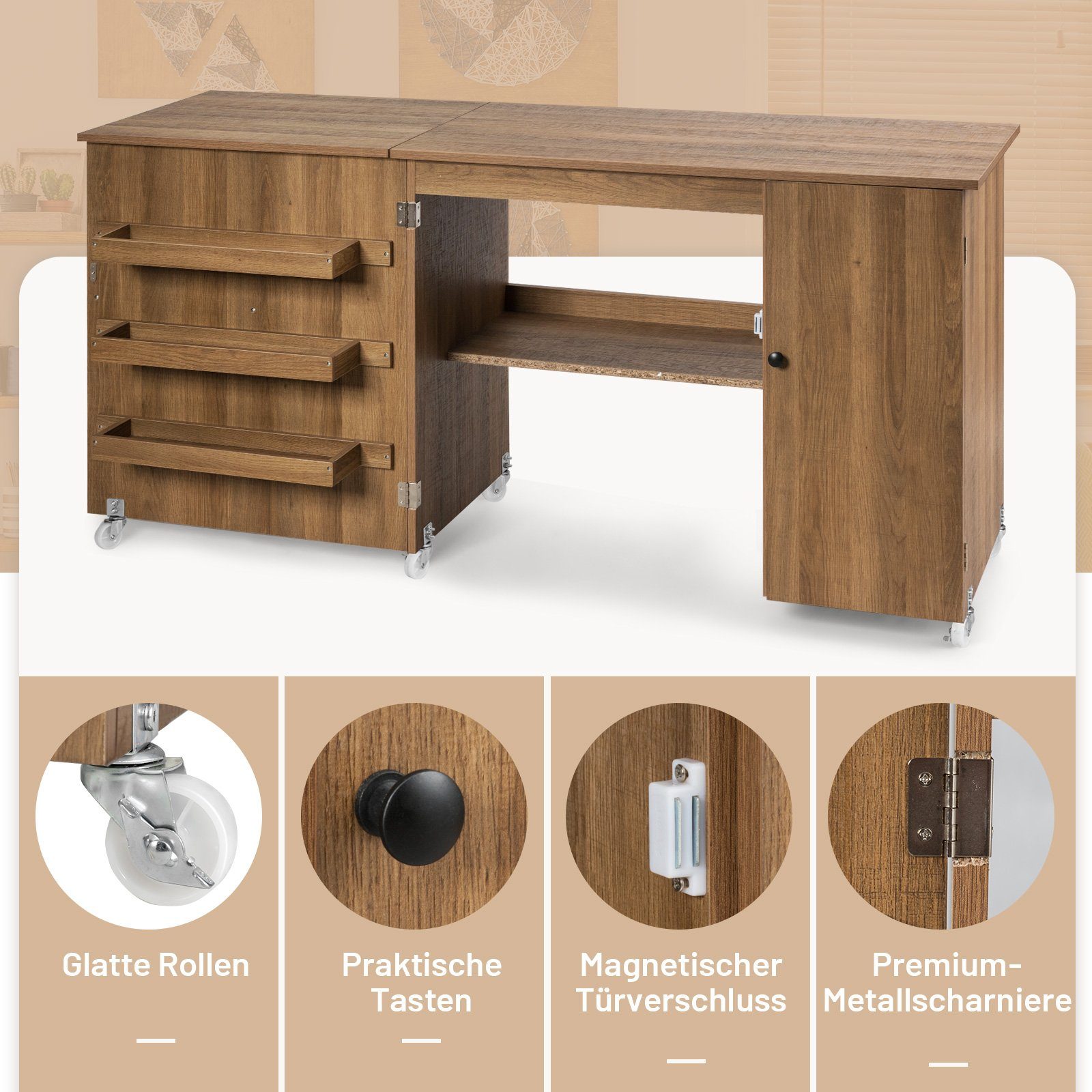 COSTWAY Schreibtisch »Nähtisch Nähschrank«, Klappbar, Mobil mit