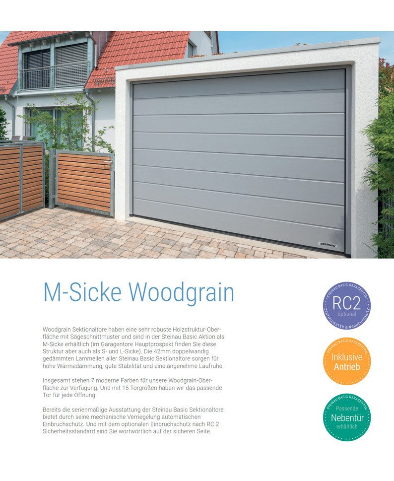 steinau Garagentor Sektionaltor RenoMatic 2025 M-Sicke Woodgrain LPU 42 + Antrieb S4 + HS, Vergünstigtes Aktionspaket