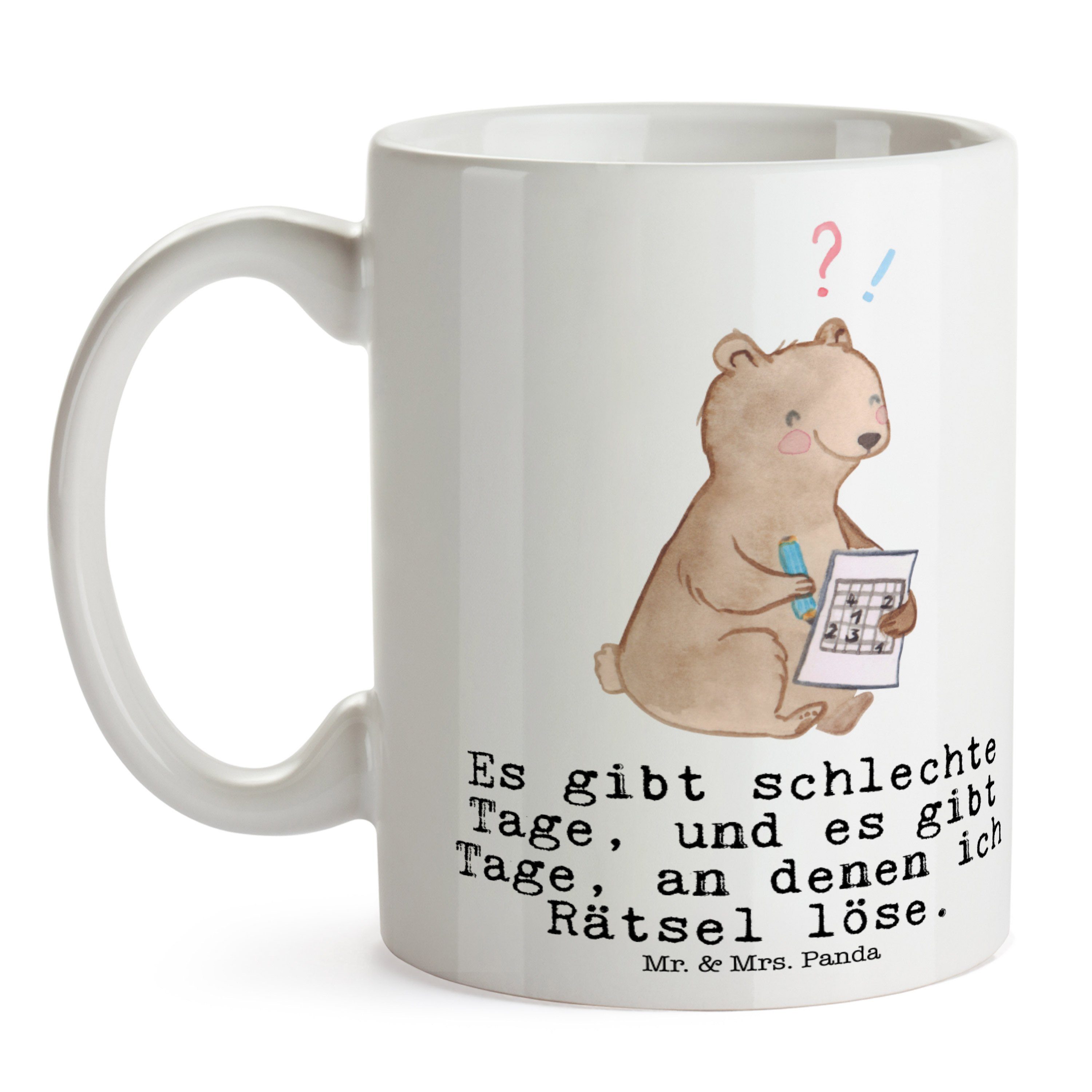 Weiß & Keramik - Bär - Panda Rätsel Tasse, Geschenk, Becher, Büro Mr. Knobeln, Tasse lösen Mrs. Tage