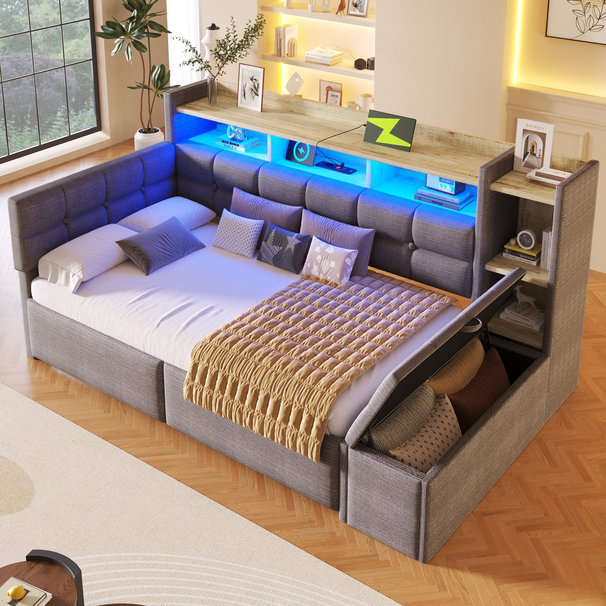 Flieks Daybett, Polsterbett 90×190cm mit LED, Aufladen, 2 Schubladen und Polsterbank