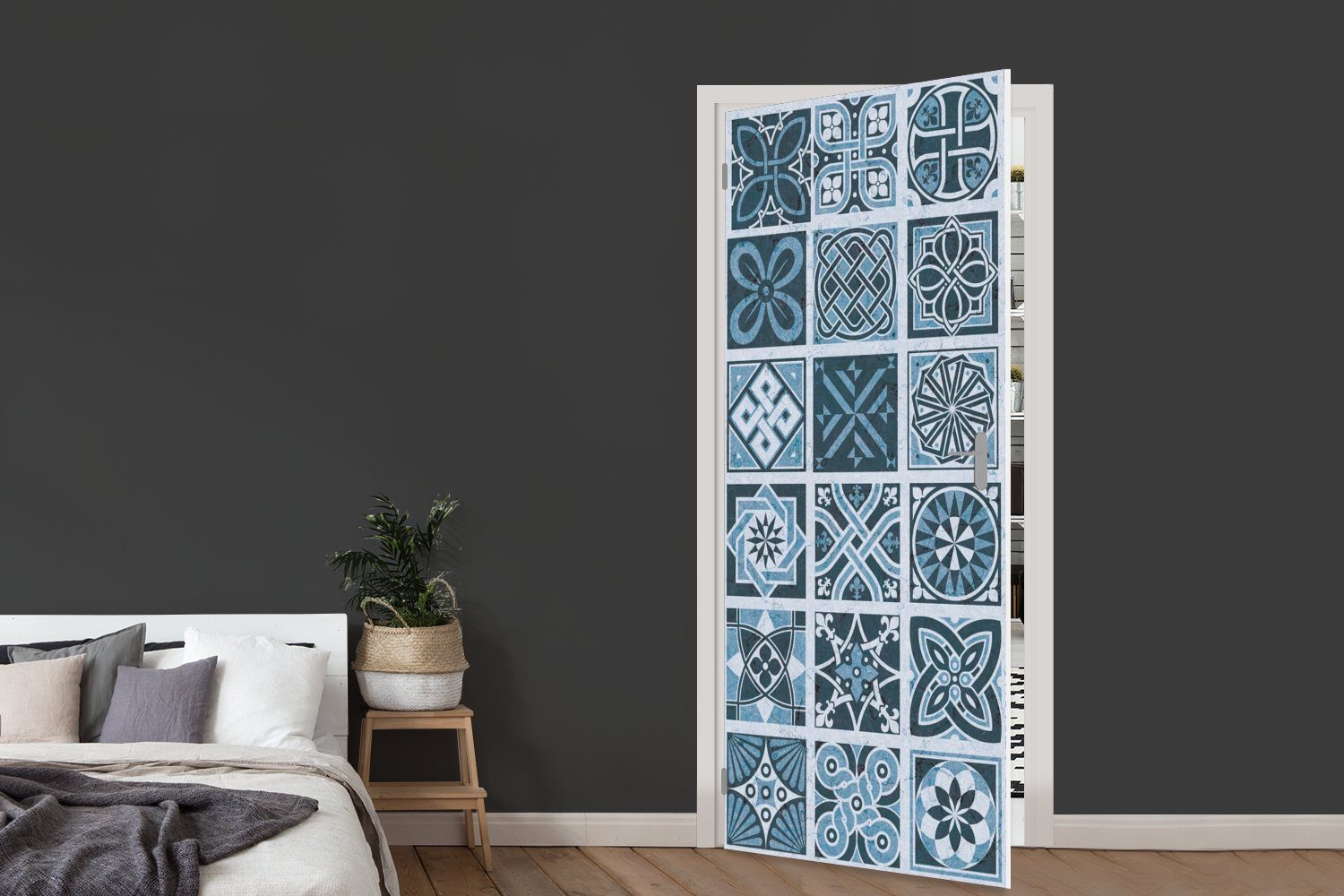 Türaufkleber, cm - - - Blau Tür, 75x205 St), Muster Figuren, Fototapete für bedruckt, MuchoWow Blumen Türtapete Matt, (1
