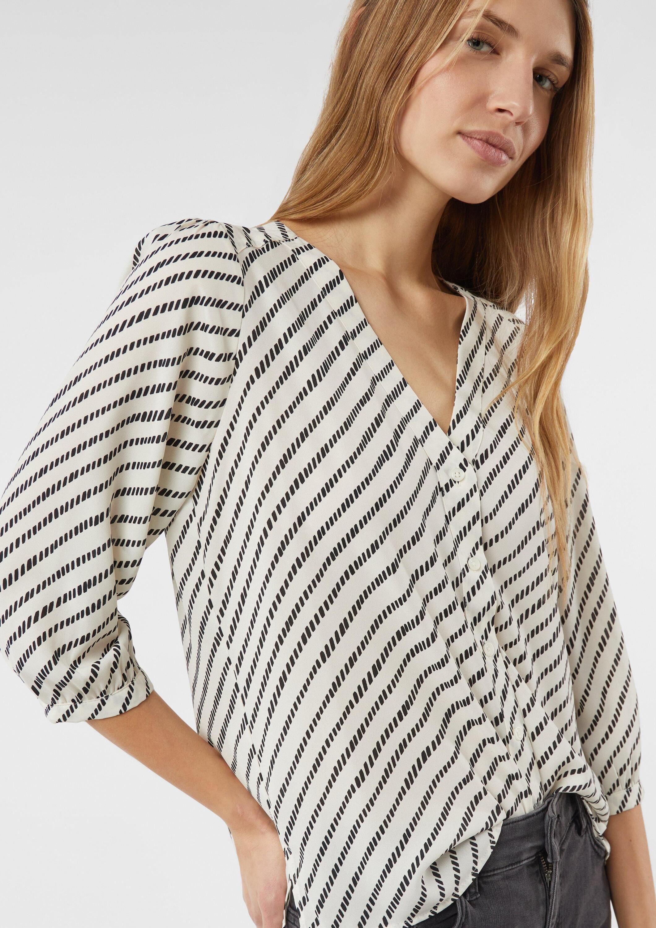 comma Kurzarmbluse Bluse Gemusterte Chiffon-Bluse mit 3/4-Ärmeln und Raffung