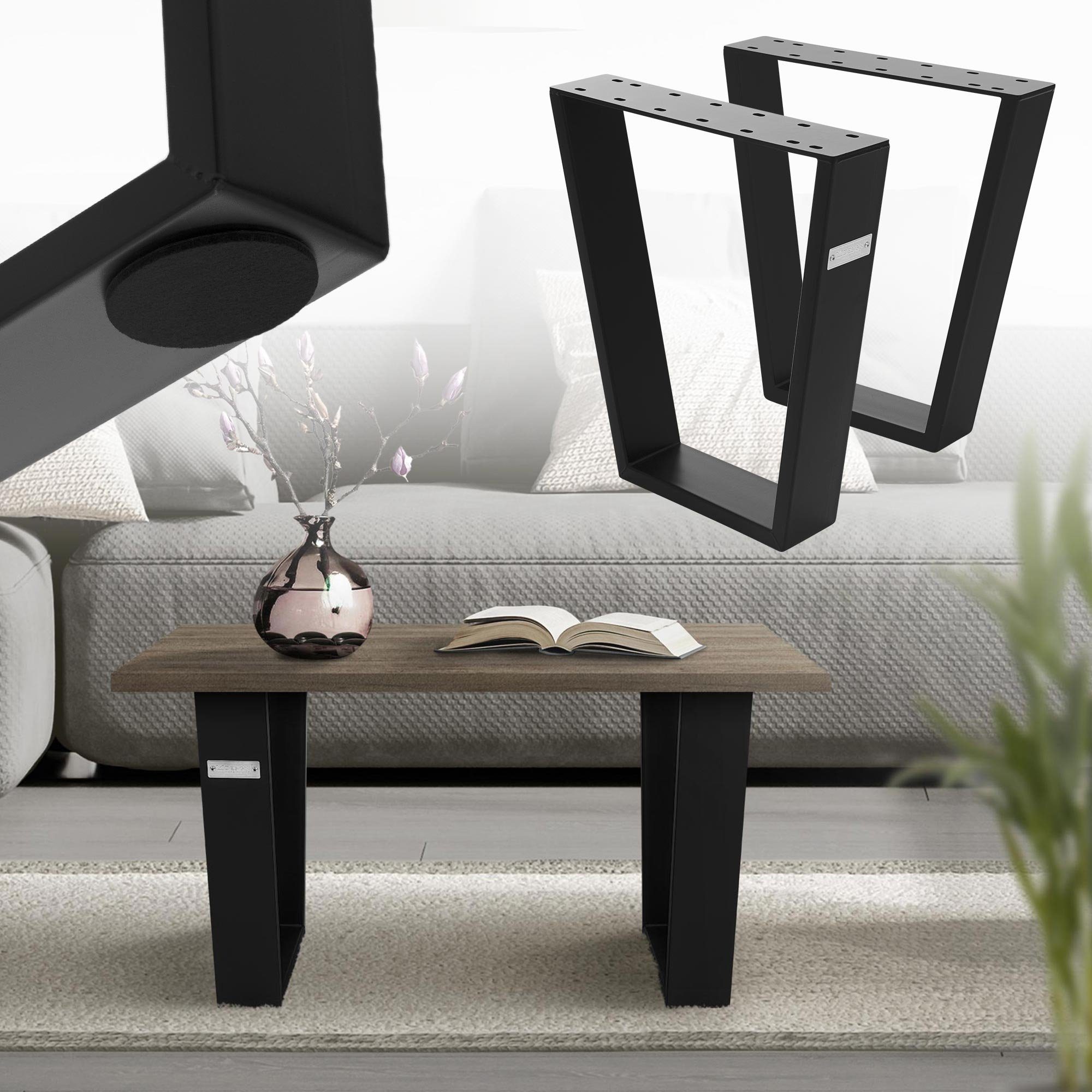 ML-DESIGN Tischbein ischgestell Couchtisch Tischkufen Tischuntergestell Möbelfüße, 2er Set Trapez 40x43cm V-Form Schwarz Stahl Industriedesign | Tischbeine