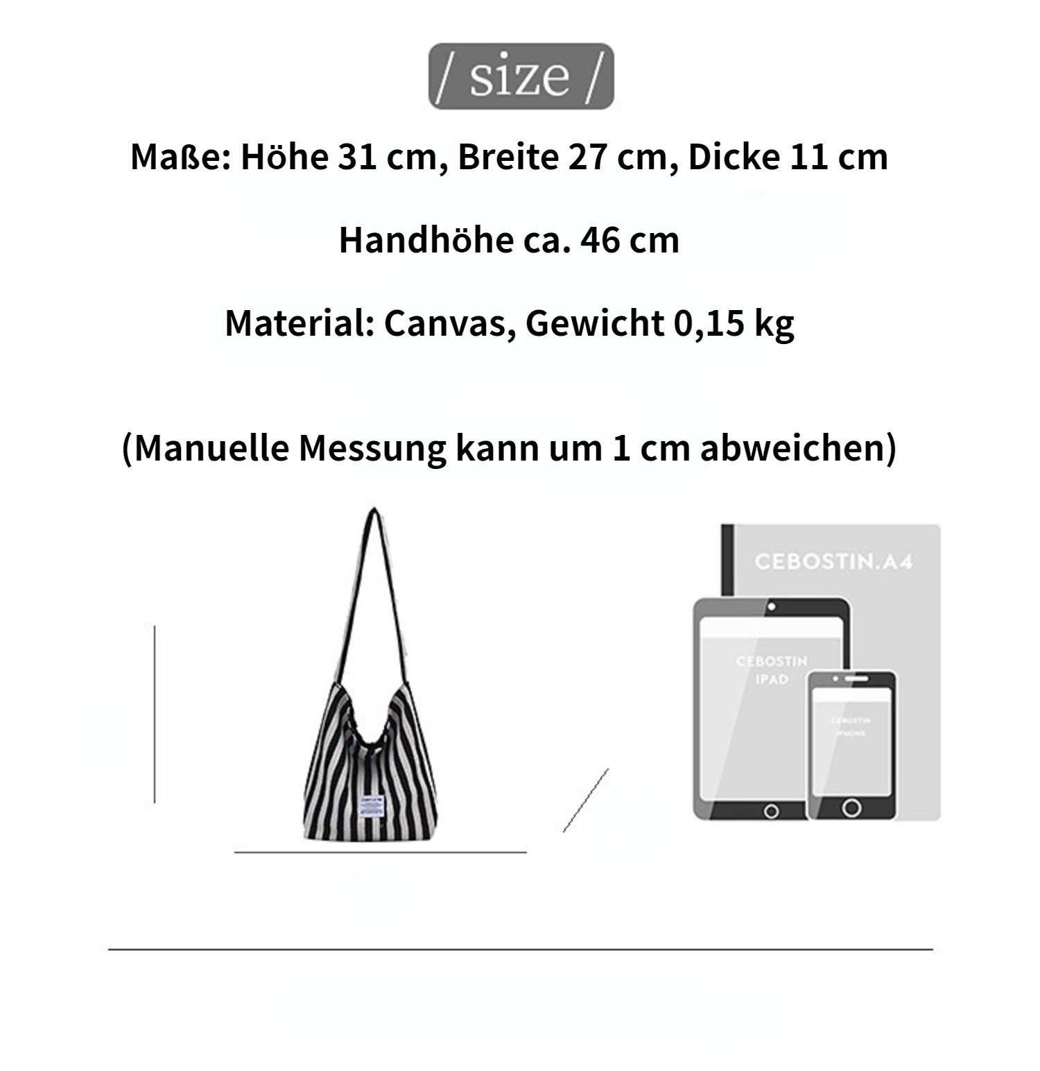 Blusmart Schultertasche Modische Canvas-Tasche für Pendler (Großes Fassungsvermögen, Klassische Streifen), Schulter- und Crossbody-Tasche für zwei Zwecke