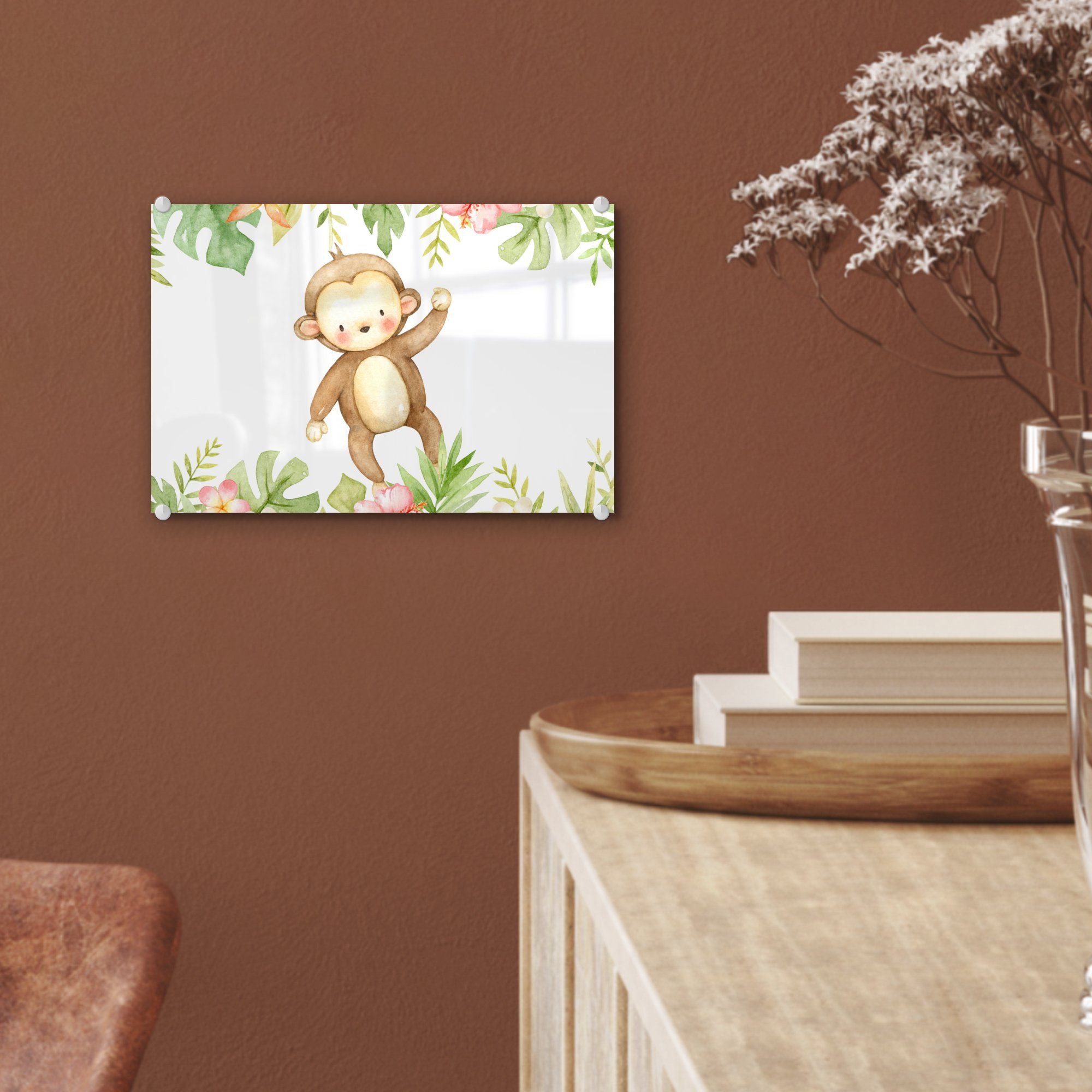 Wandbild Affe (1 - Aquarell, - Glas St), Glas Glasbilder - auf - auf Acrylglasbild MuchoWow - Foto Wanddekoration Bilder Dschungel
