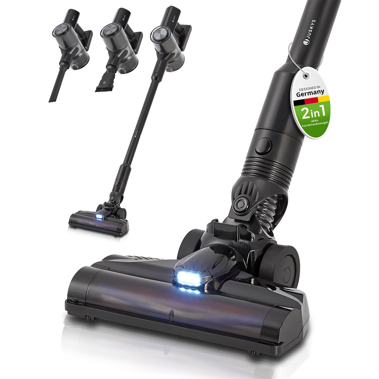 Juskys Akku-Handstaubsauger VC2101, 150 W, 2-in-1, kabellos & beutellos, mit Düsen, Zubehör & Wandhalterung