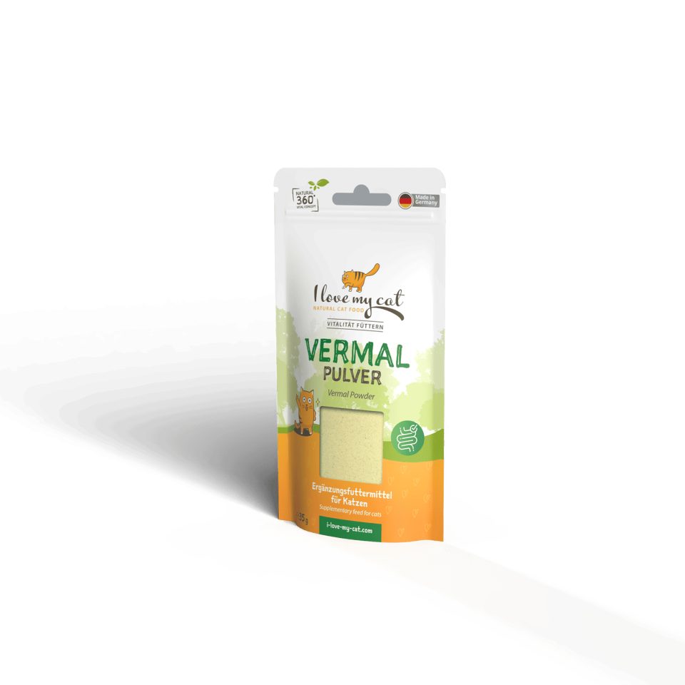 I love my cat NATURAL CAT FOOD Vermal Pulver für Katzen mit Kürbiskernmehl und Kokosmehl - 35g, Ergänzungsfutter für: Katzen, zur Unterstützung der Darmflora, natürliche Kräutermischung