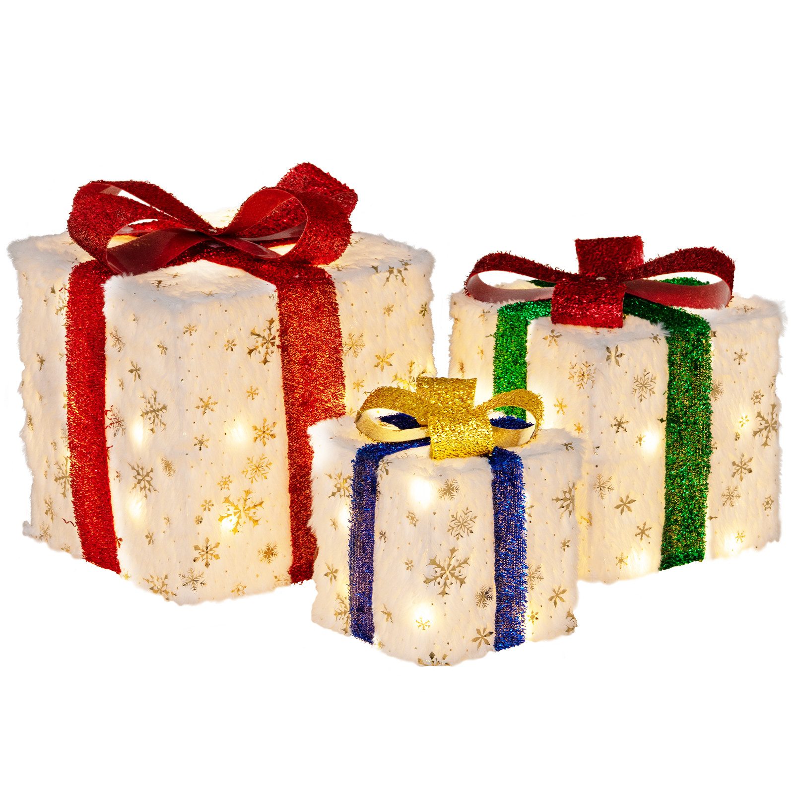 COSTWAY Weihnachtsfigur, 3er Set Geschenkboxen mit 48 warmweiß LEDs & Timer