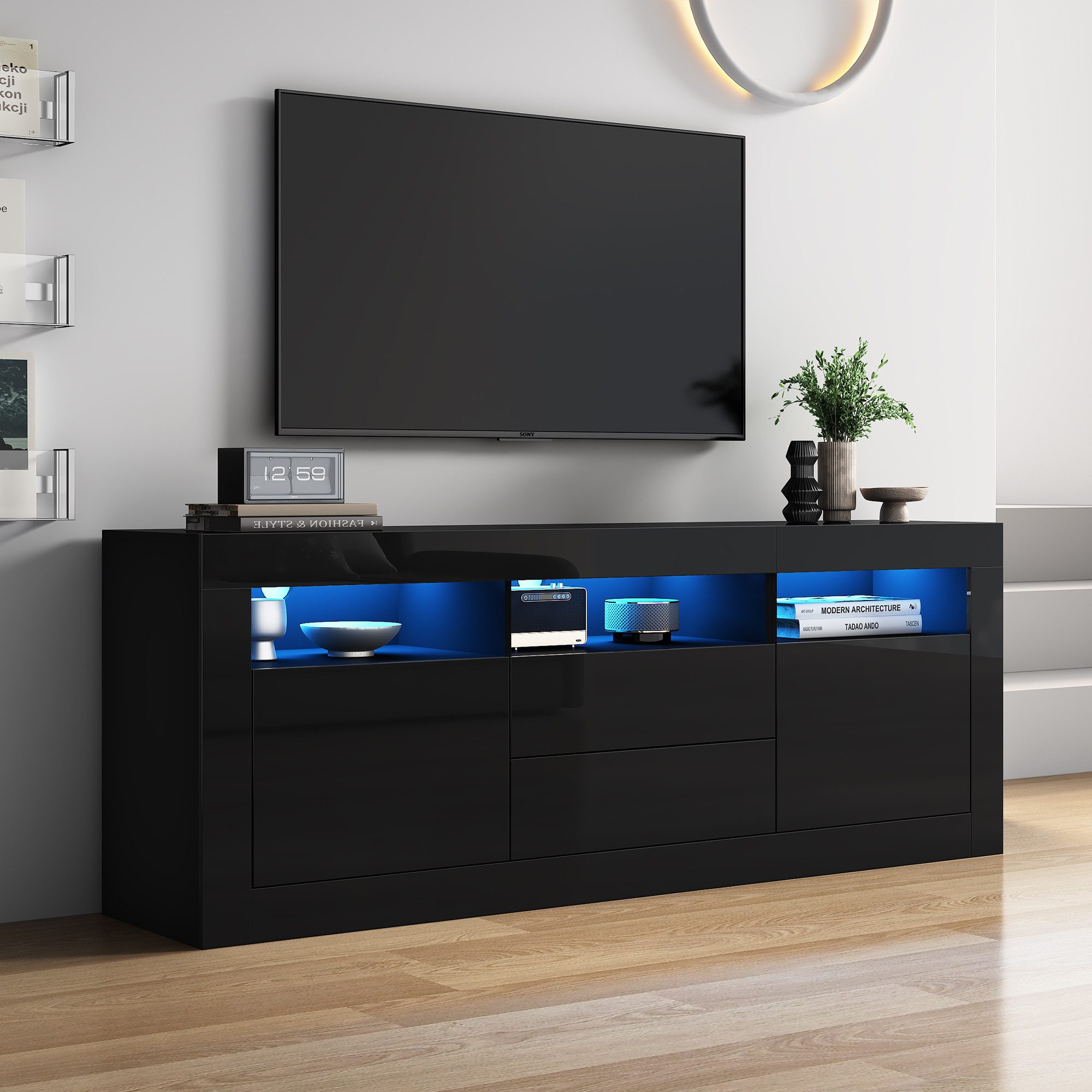 OKWISH Lowboard TV-Board, Fernsehtisch (TV-Ständer für 70-Zoll-Fernseher, 3 offenen Fächern, 2 Türen, 2 Schubladen), mit LED-Beleuchtung