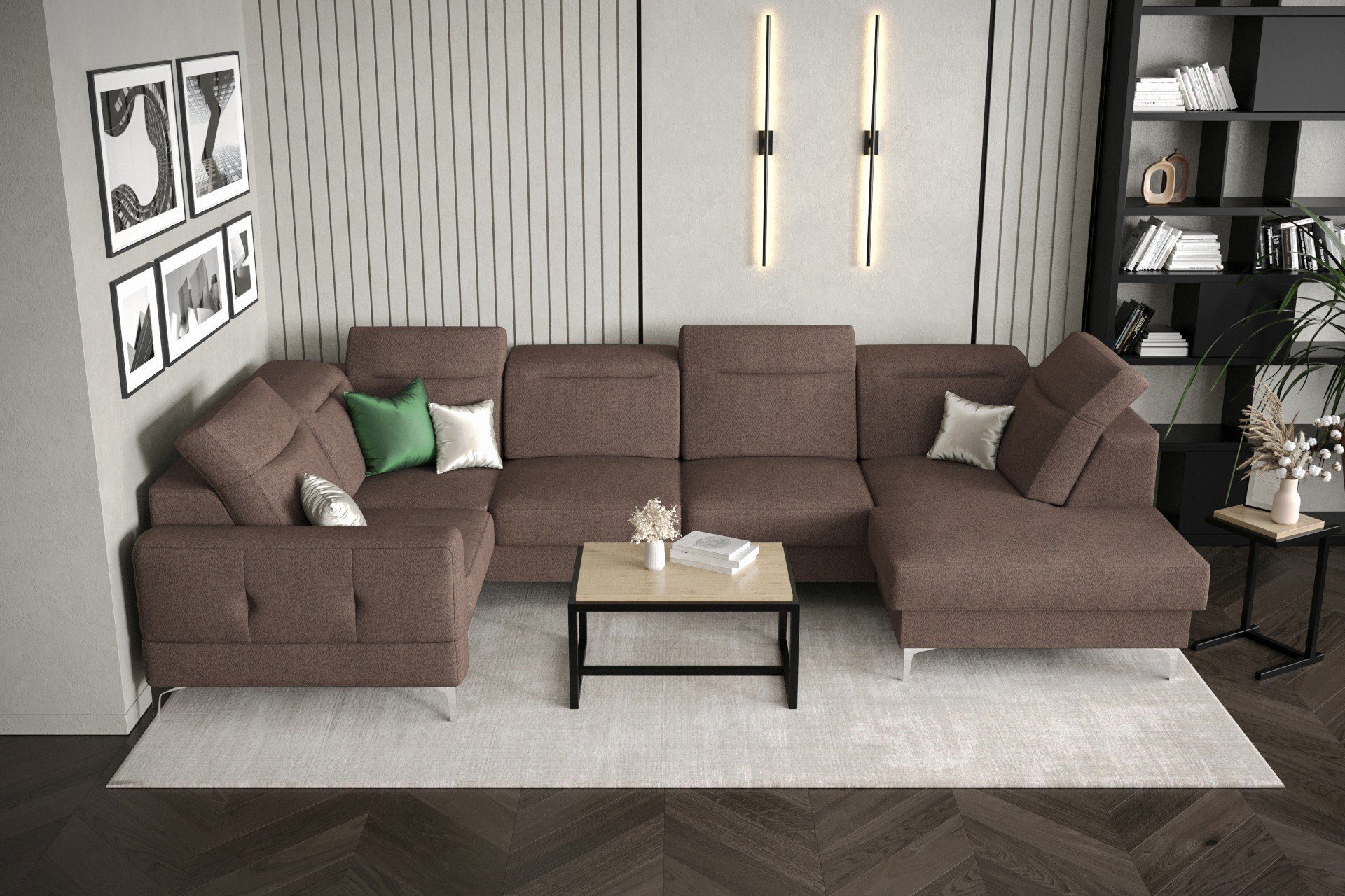 Möbel für Dich Wohnlandschaft Ecksofa in U-Form Malibu Max2 mit Bettkasten und Schlaffunktion Veloursstoff Element 25 Braun