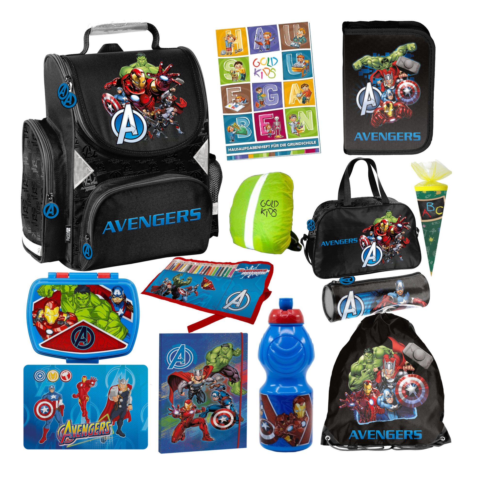 GOLDKIDS Schulranzen für Jungen, 13er-Set - (Schul-Rucksack für Kinder mit Federmäppchen, 1-tlg., - Schuhbeutel Brotdose und Trinkflasche), - Avengers Motiv - 1-3 Klasse