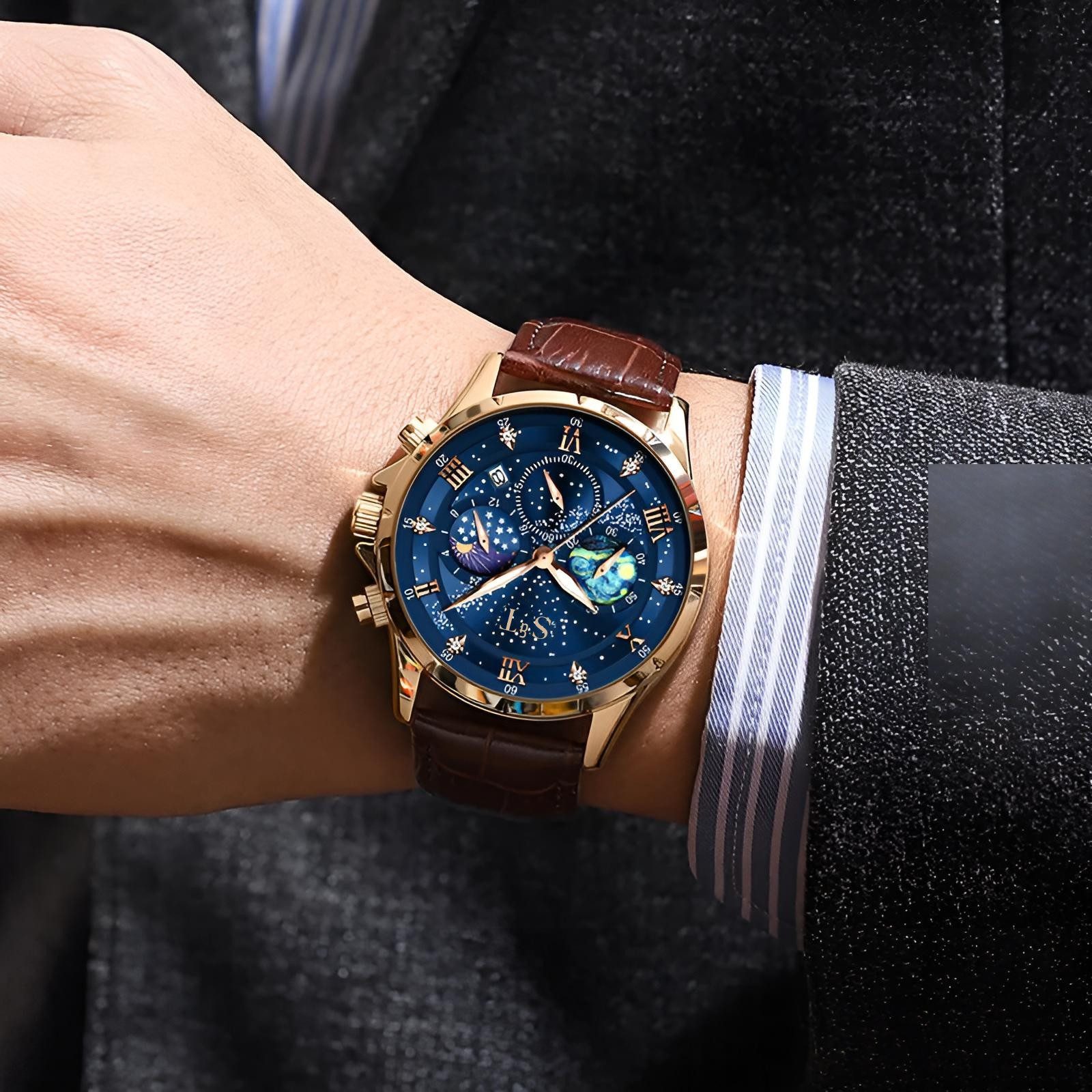 S&T Design Quarzuhr Herrenuhr Leder Braun Chronograph Armbanduhr Lederarmband Mansa Lux, (Anzug Hochzeit Büro, inkl. Uhrenbox & Bedienungsanleitung QR), Herren  – Bild 5 von 5