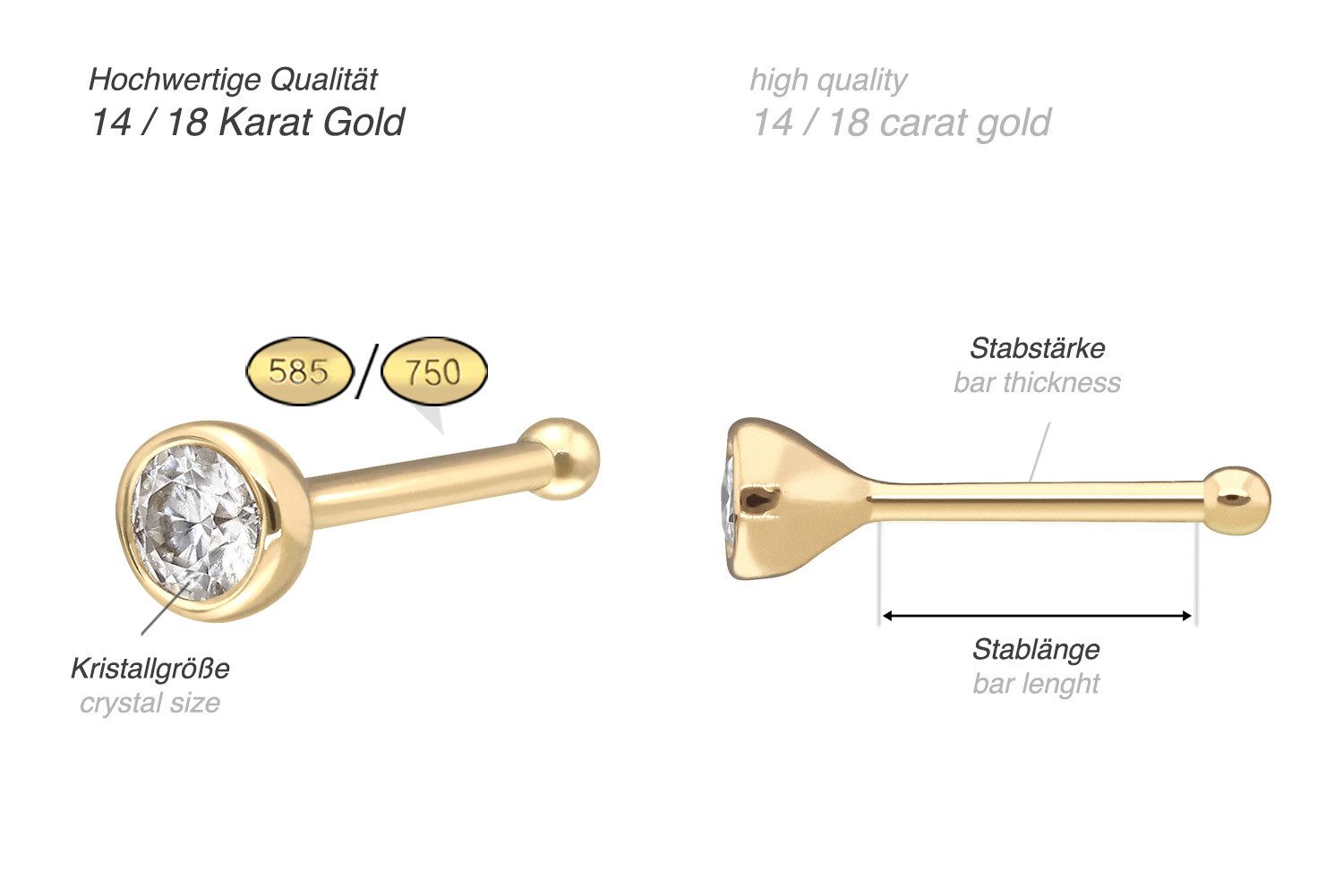 PIERCINGLINE Nasenpiercing 14/18 Karat Gold Nasenstecker Pin RUNDER MOISSANIT (Nasenstecker, 1-tlg)