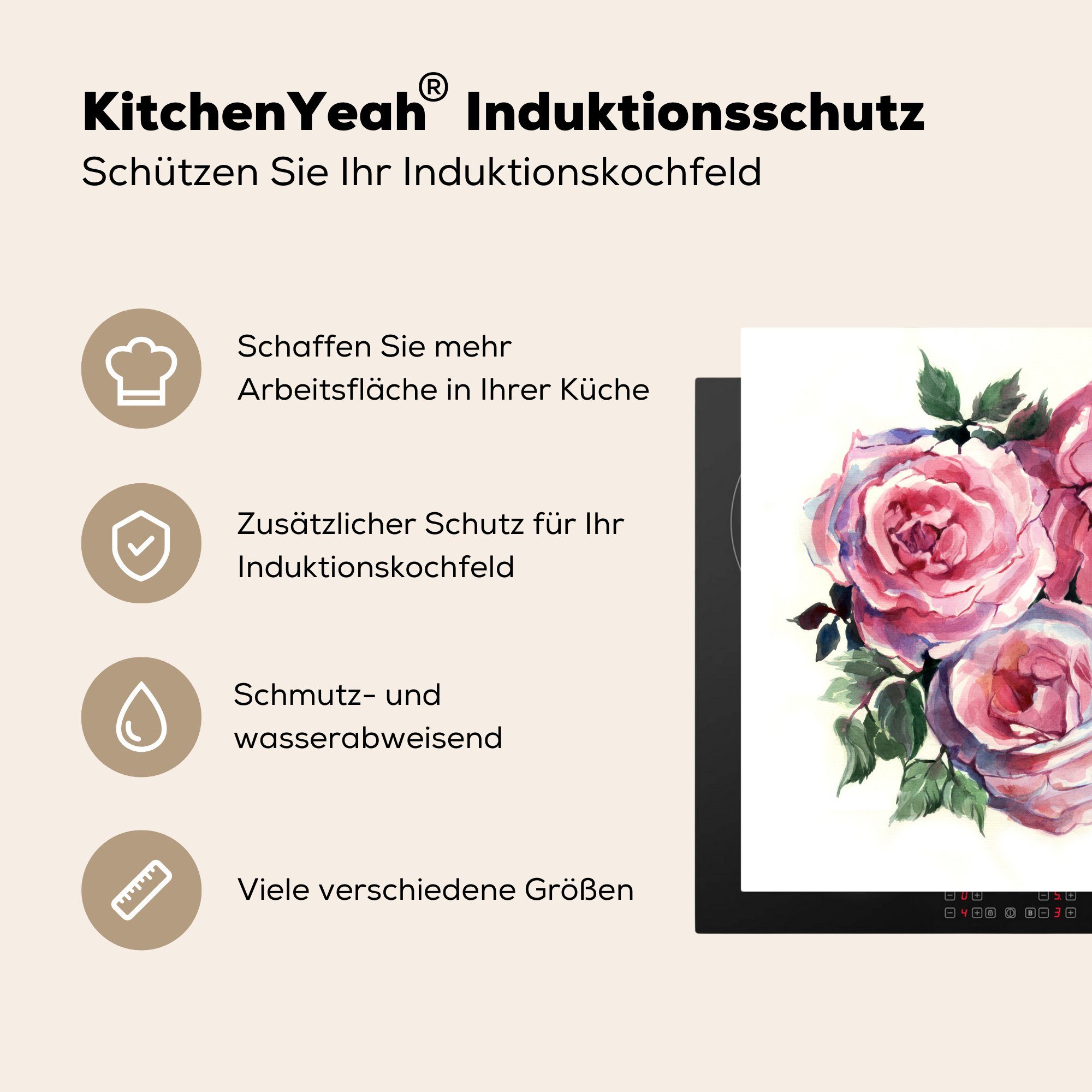 MuchoWow Herdblende-/Abdeckplatte Rosen Aquarell - Arbeitsplatte cm, (1 Vinyl, Ceranfeldabdeckung, Malerei, - 78x78 tlg), küche für
