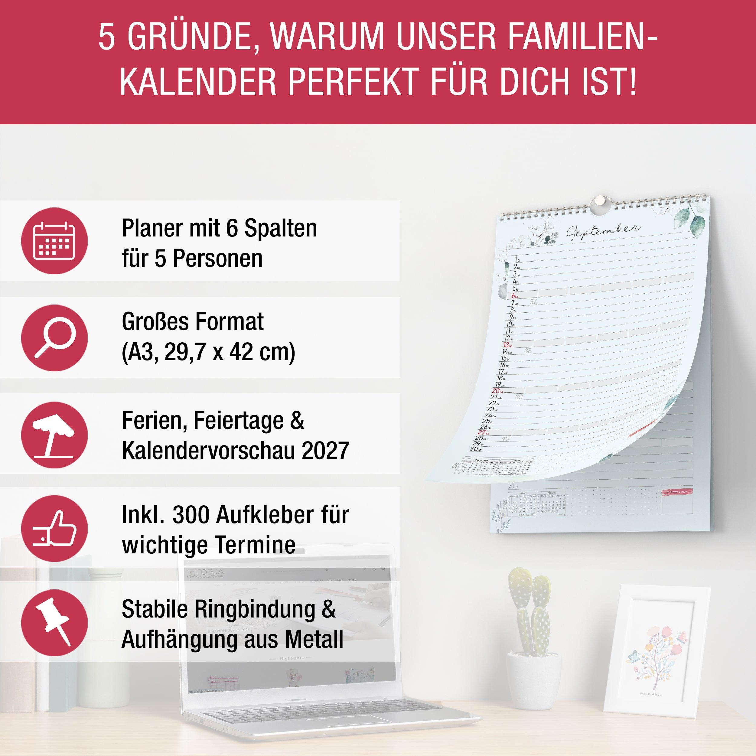 Thumbnail - TOBJA Wandkalender Aquarell Familienkalender 2026 5 Spalten mit 300 Stickern, Familienplaner 2026 XXL 6 Spalten