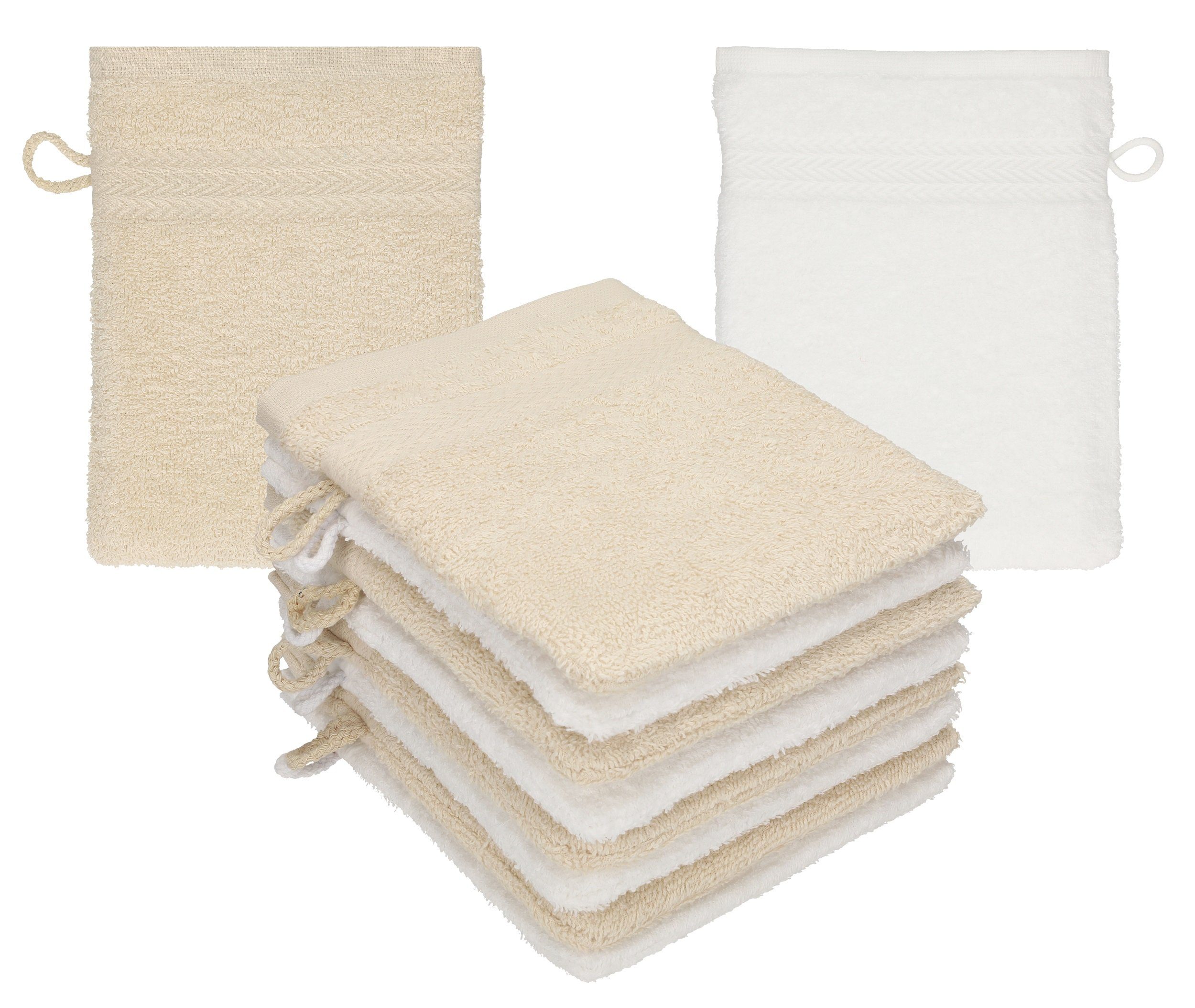 Betz Waschhandschuh 10 Stück Waschhandschuhe Waschlappen Set Premium 100% Baumwolle 16x21 cm Farbe Sand - weiß