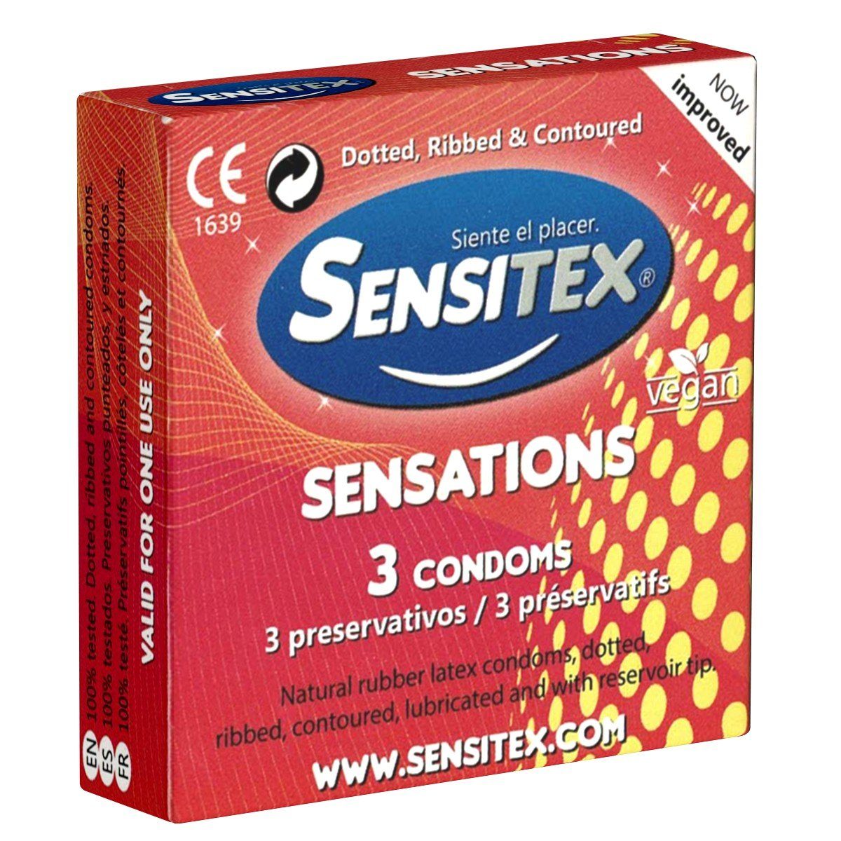3 Packung Kondome Sensitex mit, Kondome Spanien & (Ribbed vegane Dotted) aus stimulierende St., und Sensations