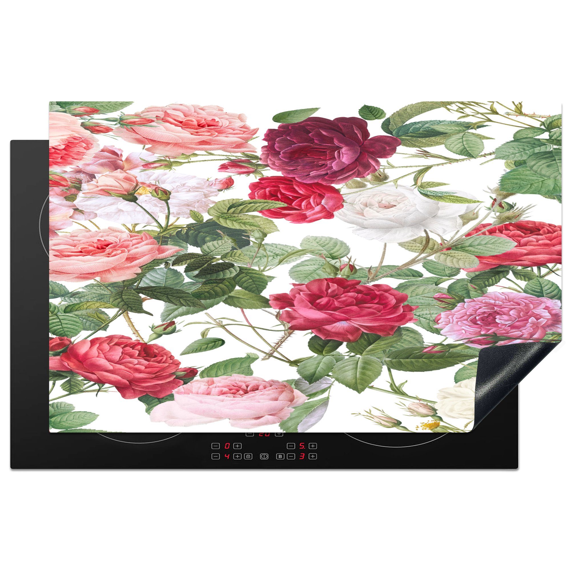 MuchoWow Herdblende-/Abdeckplatte Blumen - Weiß - Rosa - Violett, Vinyl, (1 tlg), 81x52 cm, Induktionskochfeld Schutz für die küche, Ceranfeldabdeckung