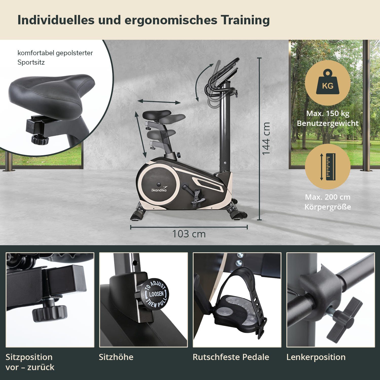 Skandika Ergometer Morpheus Pulssensoren, Halterung für Tablet App kompatibel Fitnessbike, Smartphone, oder Heimtrainer ergonomisch (mit Brustgurt, Bluetooth), Hometrainer