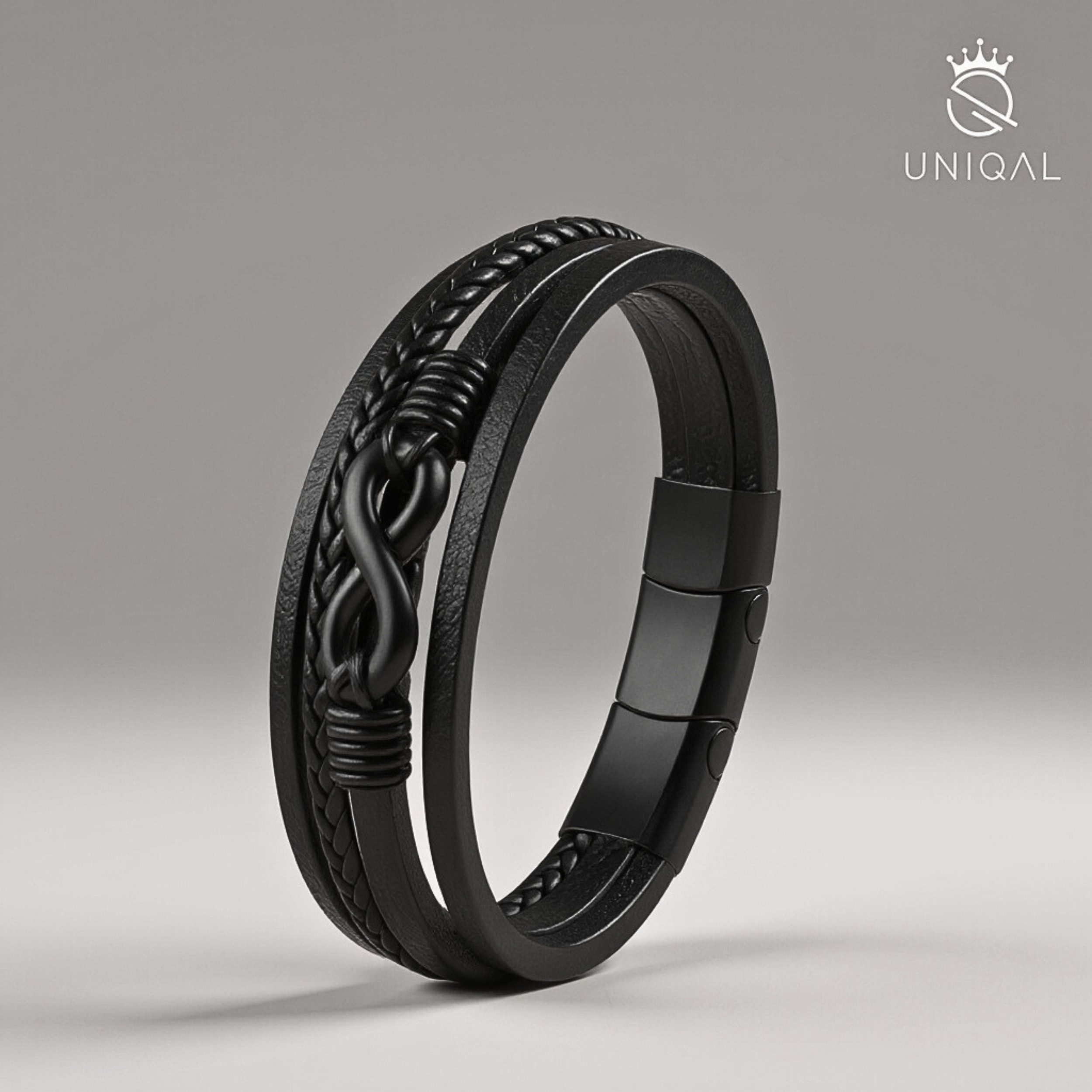 UNIQAL.de Lederarmband Unisex Schwarz & Silber mit Unendlichkeit Symbol – „NICE INFINITY“ (Elegant verarbeitet, langlebig und angenehm zu tragen – das ideale Geschenk für Männer & Frauen., Echtleder, Edelstahl, Magnetverschluss mit Verlängerungsglied), Handgefertigt in Deutschland