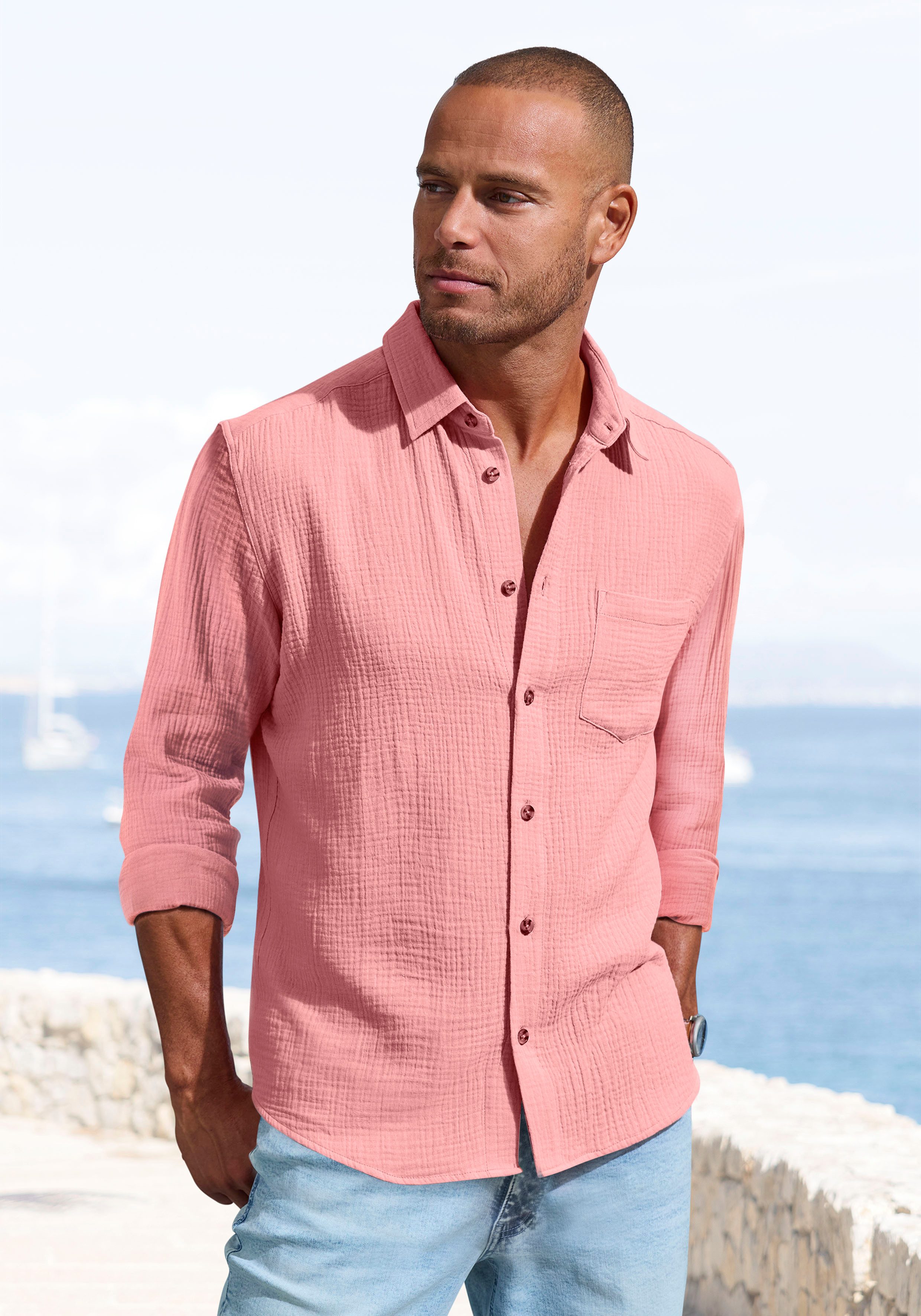 Beachtime Langarmhemd Regular fit Langarm, Freizeithemd aus Musselin-Ware