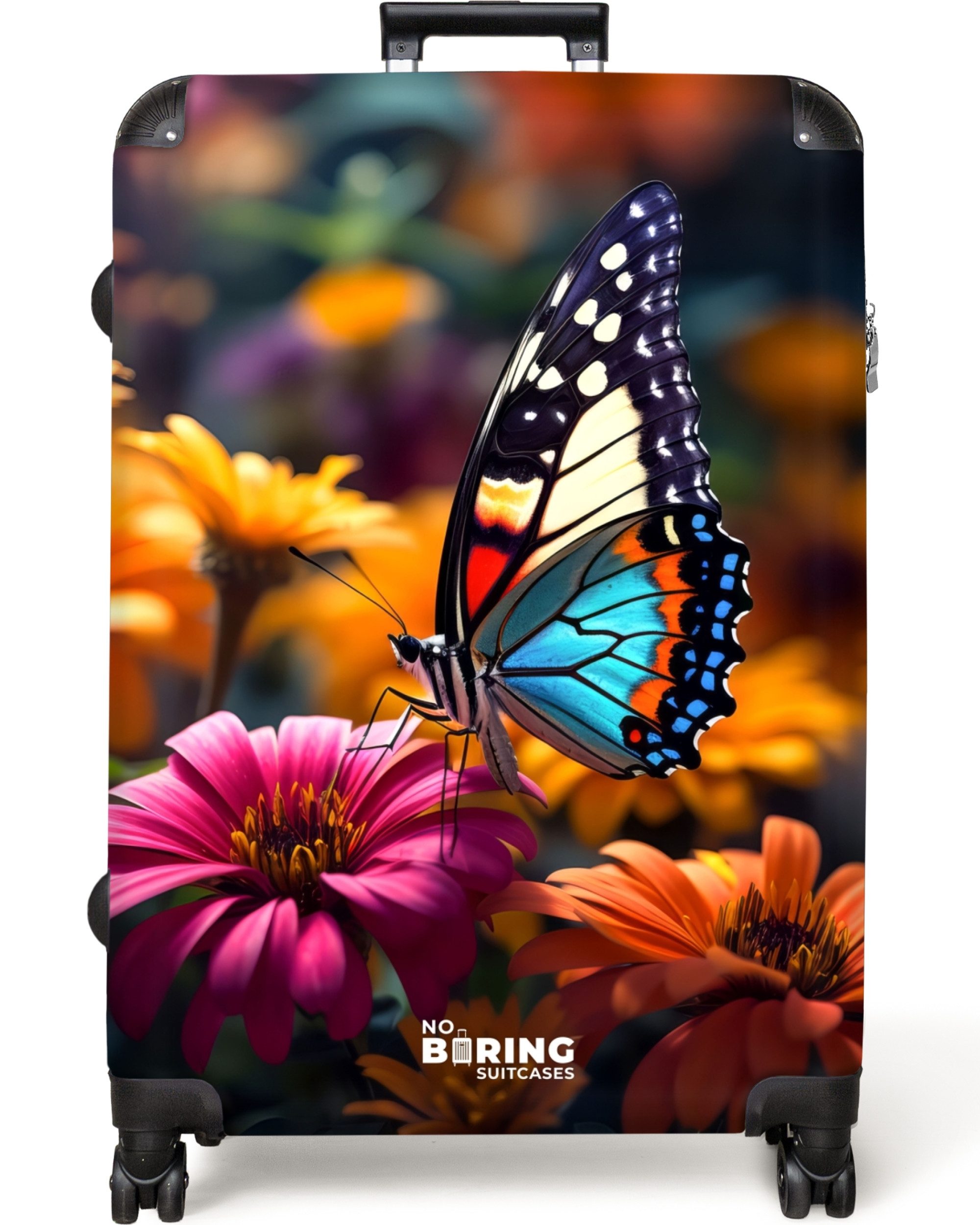 NoBoringSuitcases.com© Hartschalen-Trolley Schmetterling auf bunten Blumen günstig online kaufen