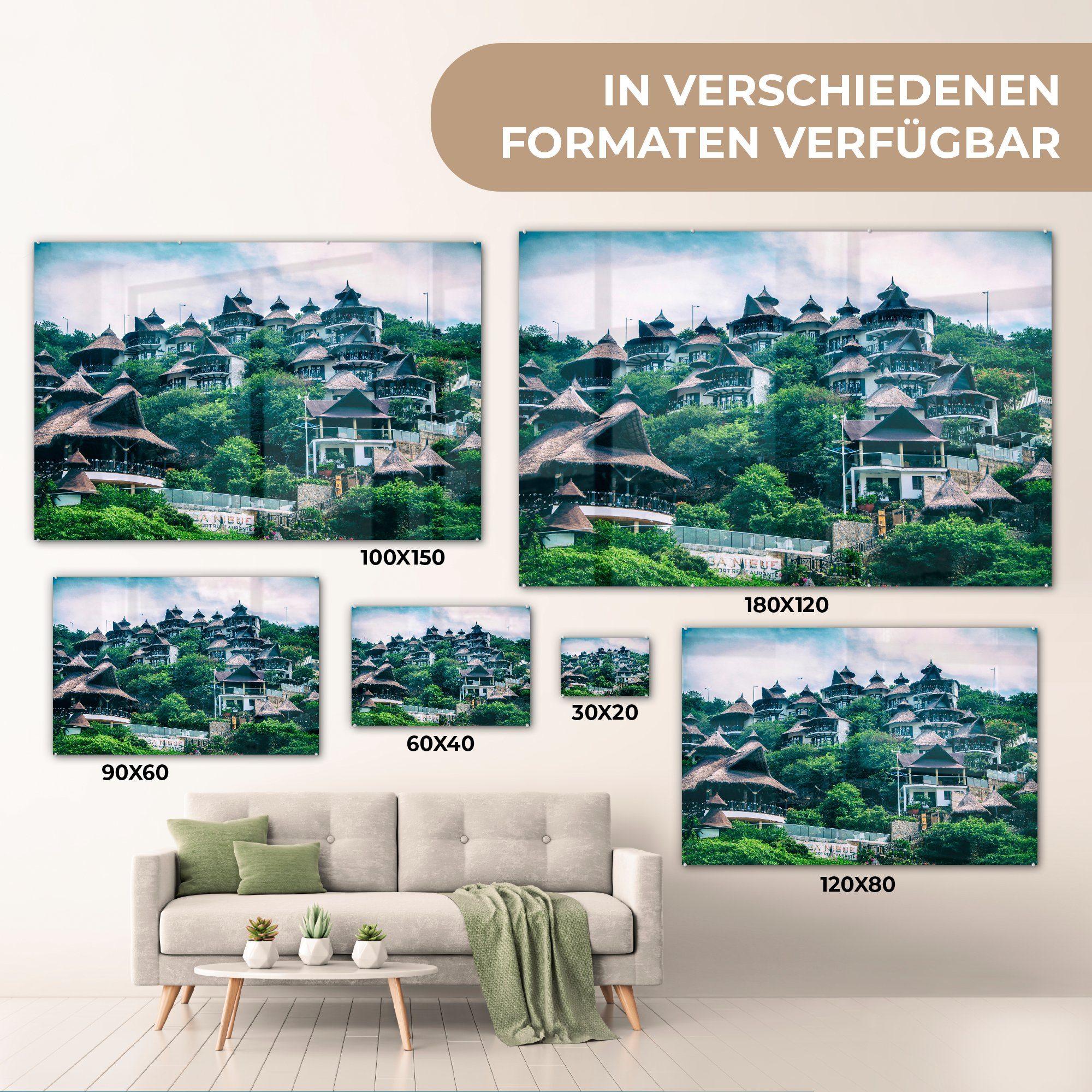 MuchoWow Acrylglasbild Panoramablick auf die Wohnzimmer Marta, Acrylglasbilder Santa Häuser St), Schlafzimmer (1 beeindruckenden & in