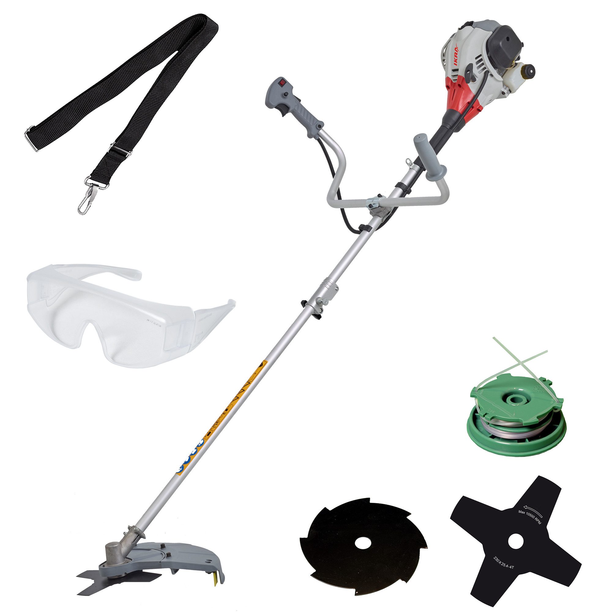 ikra GmbH Benzin-Freischneider IBF 25-1, 23 cm Arbeitsbreite Messer, 43 cm Arbeitsbreite Faden, (mit 8-Zahn-Messer & Schutzbrille), inkl. Fadenspule, 4- & 8-Zahn-Messer, Schultergurt & Schutzbrille