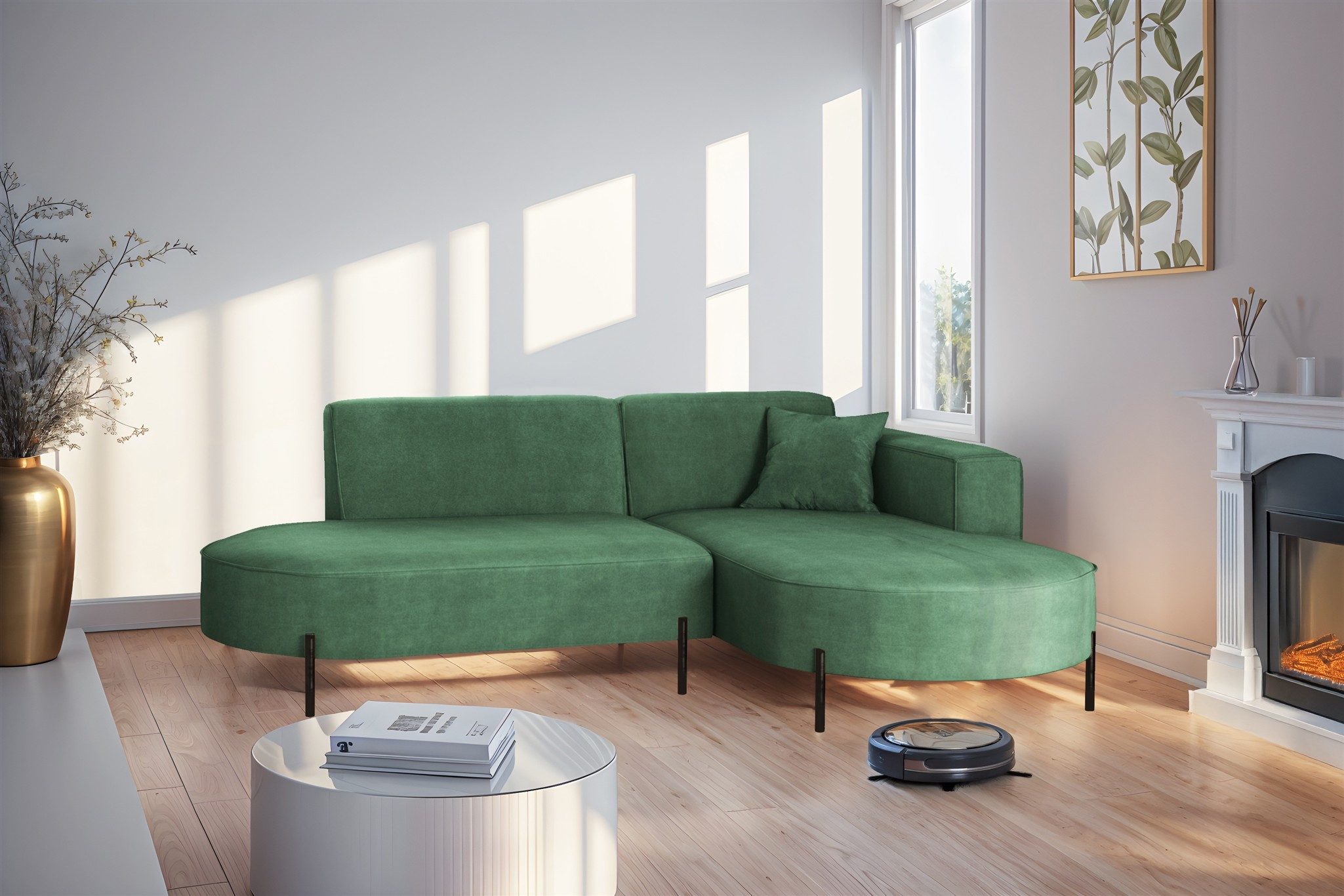 Fun Möbel Ecksofa Designersofa Sofa FUN MALAGA XS in Stoff Noel, Ottomane Links oder Rechts, Komforthöhe für Saugroboter