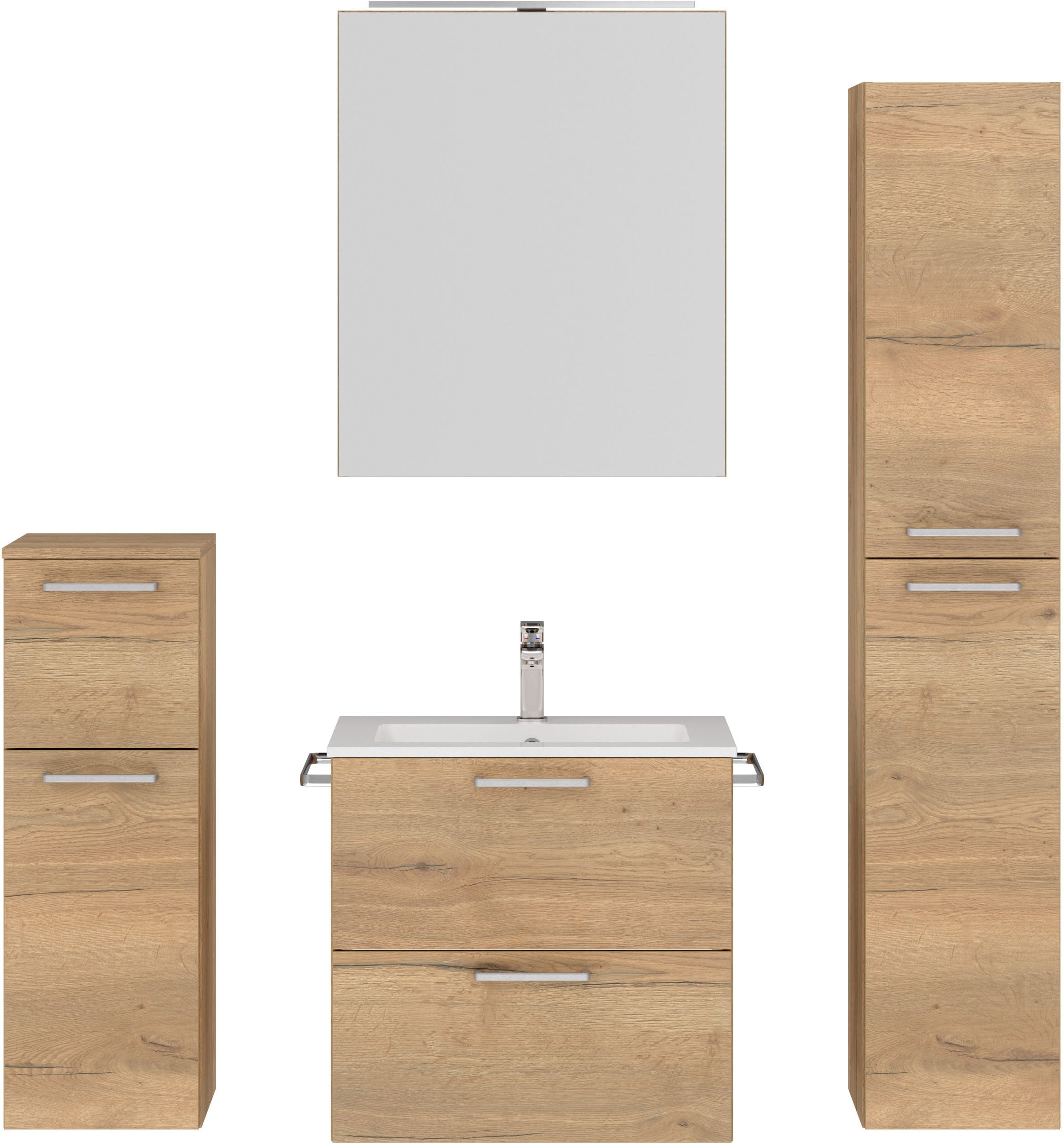 nobilia® Badmöbel-Set Tolvina, (4-St., vormontiert, mit Soft-Close), inkl. Spiegelschrank mit Beleuchtung und Dimmerfunktion, in 4 Breiten